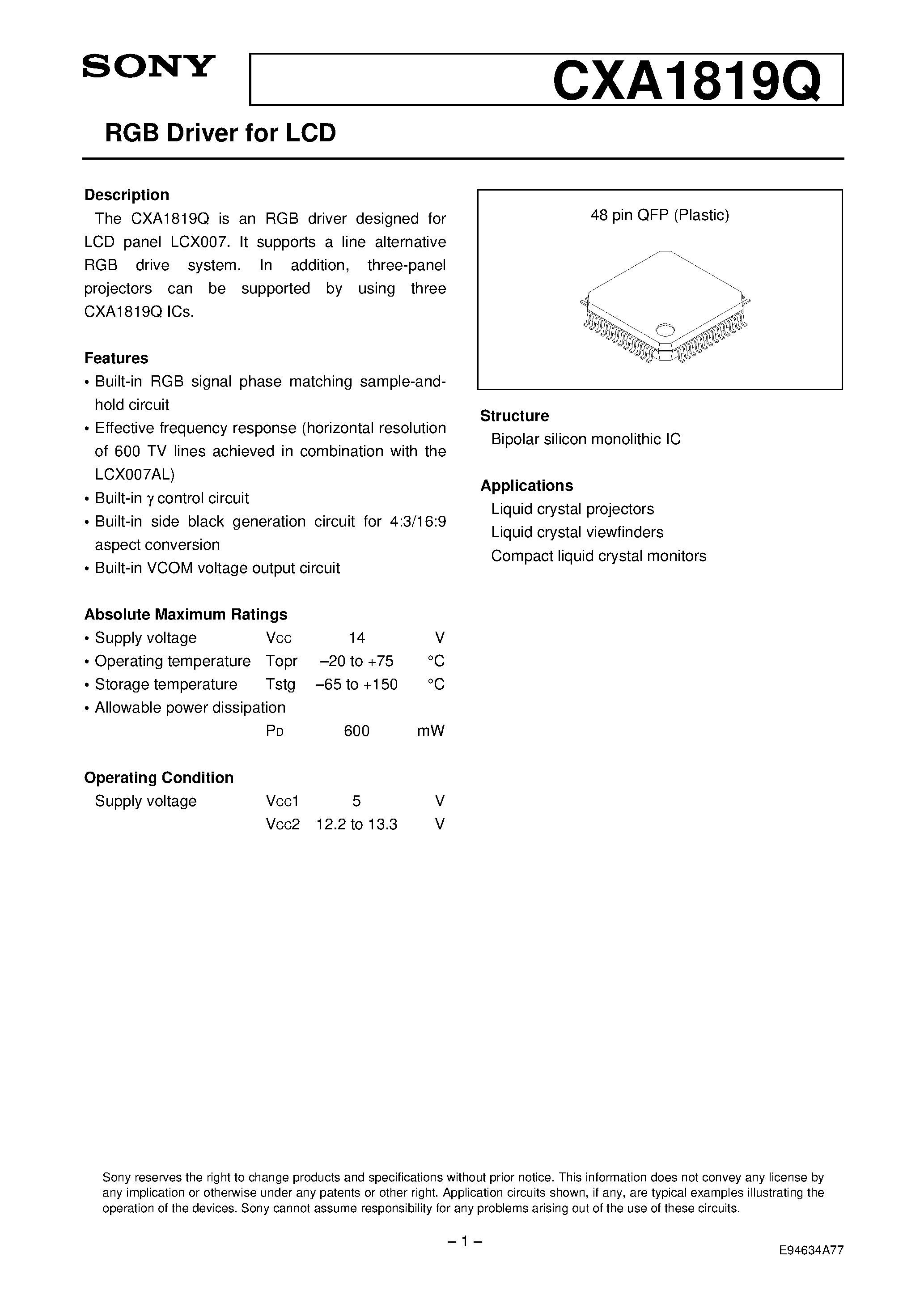 Datasheet CXA1819 - RGB Driver for LCD page 1