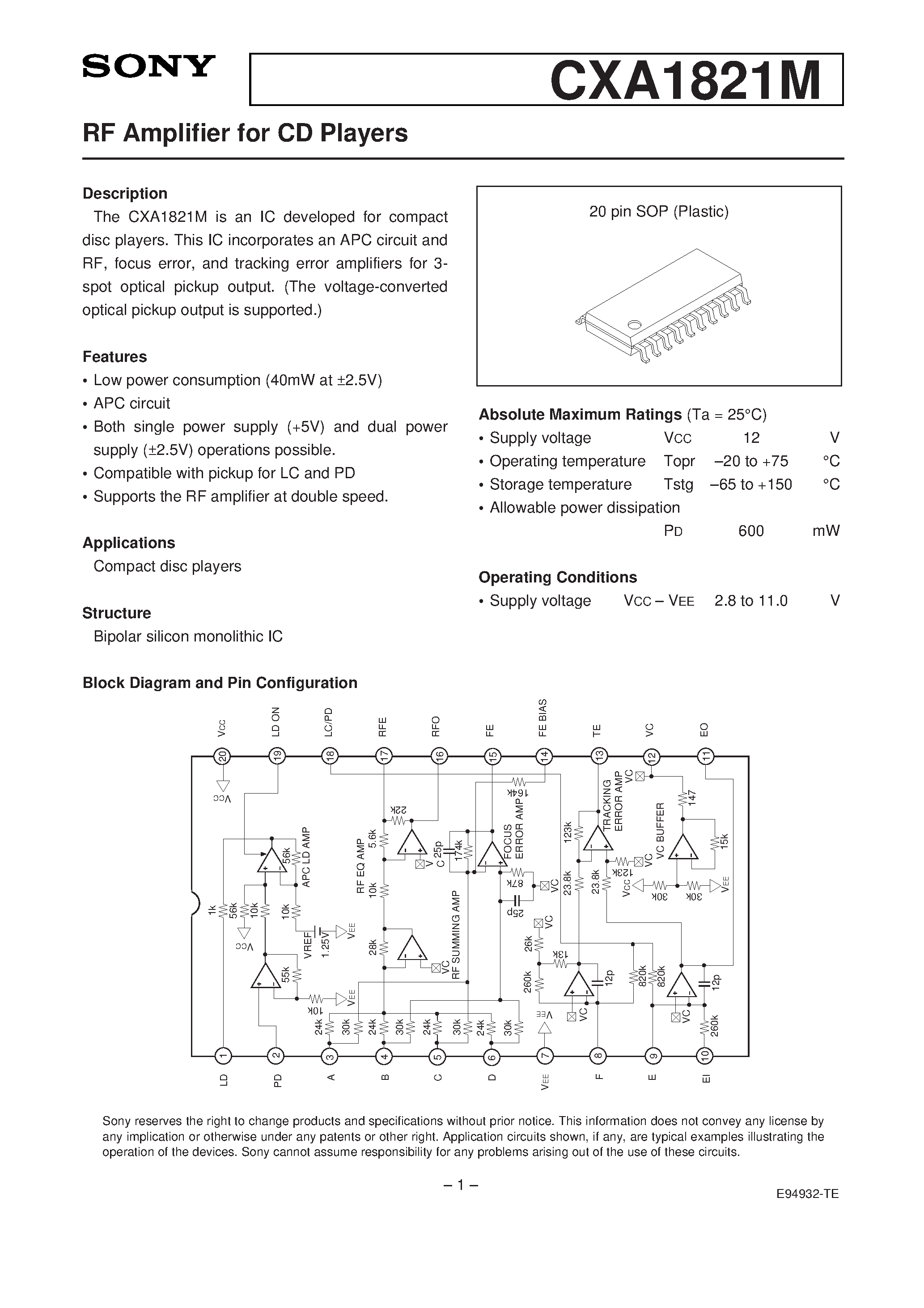 Datasheet CXA1821 - RF Amplifier for CD Players page 1