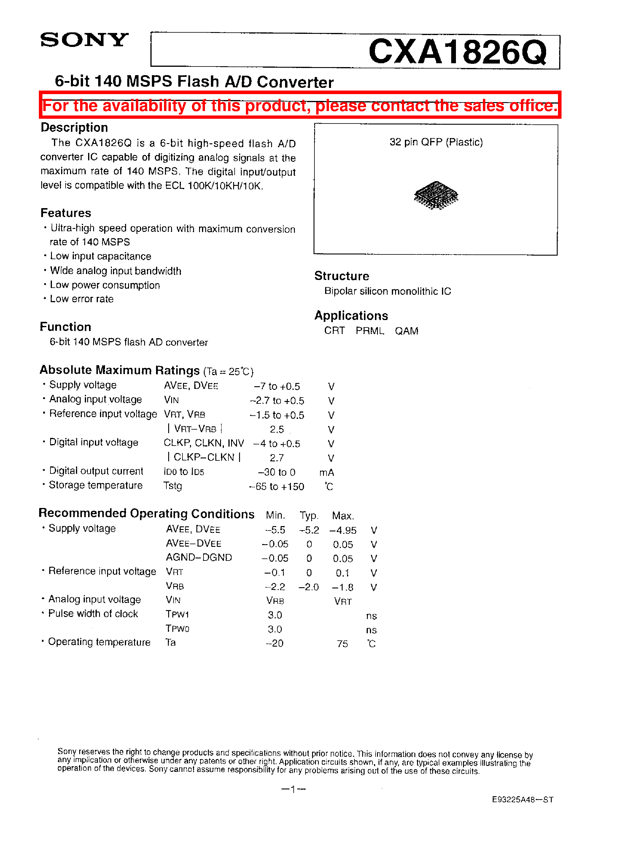 Datasheet CXA1826Q - 6-BIT 140 MSPS FLASH A/D CONVERTER page 1