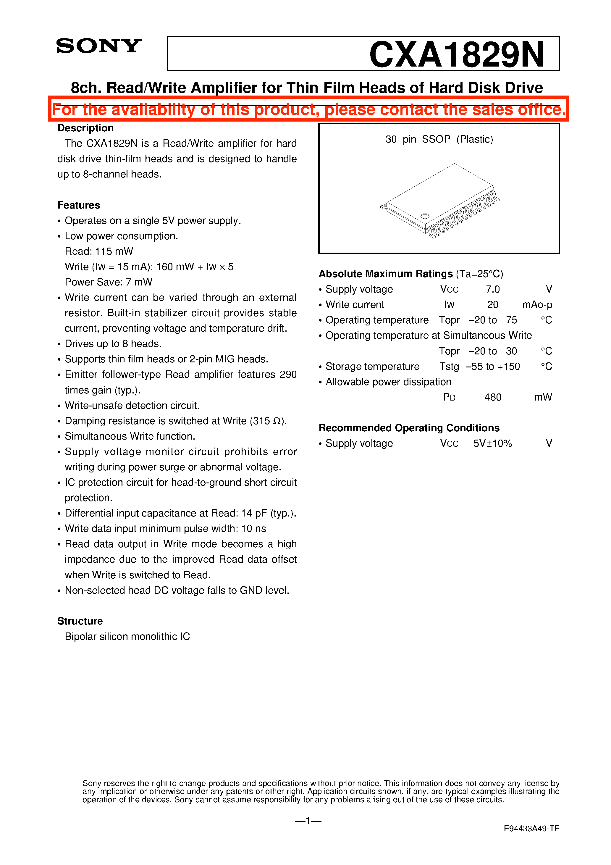 Datasheet CXA1829N - 8ch. Read/Write Amplifier for Thin Film Heads of Hard Disk Drive page 1