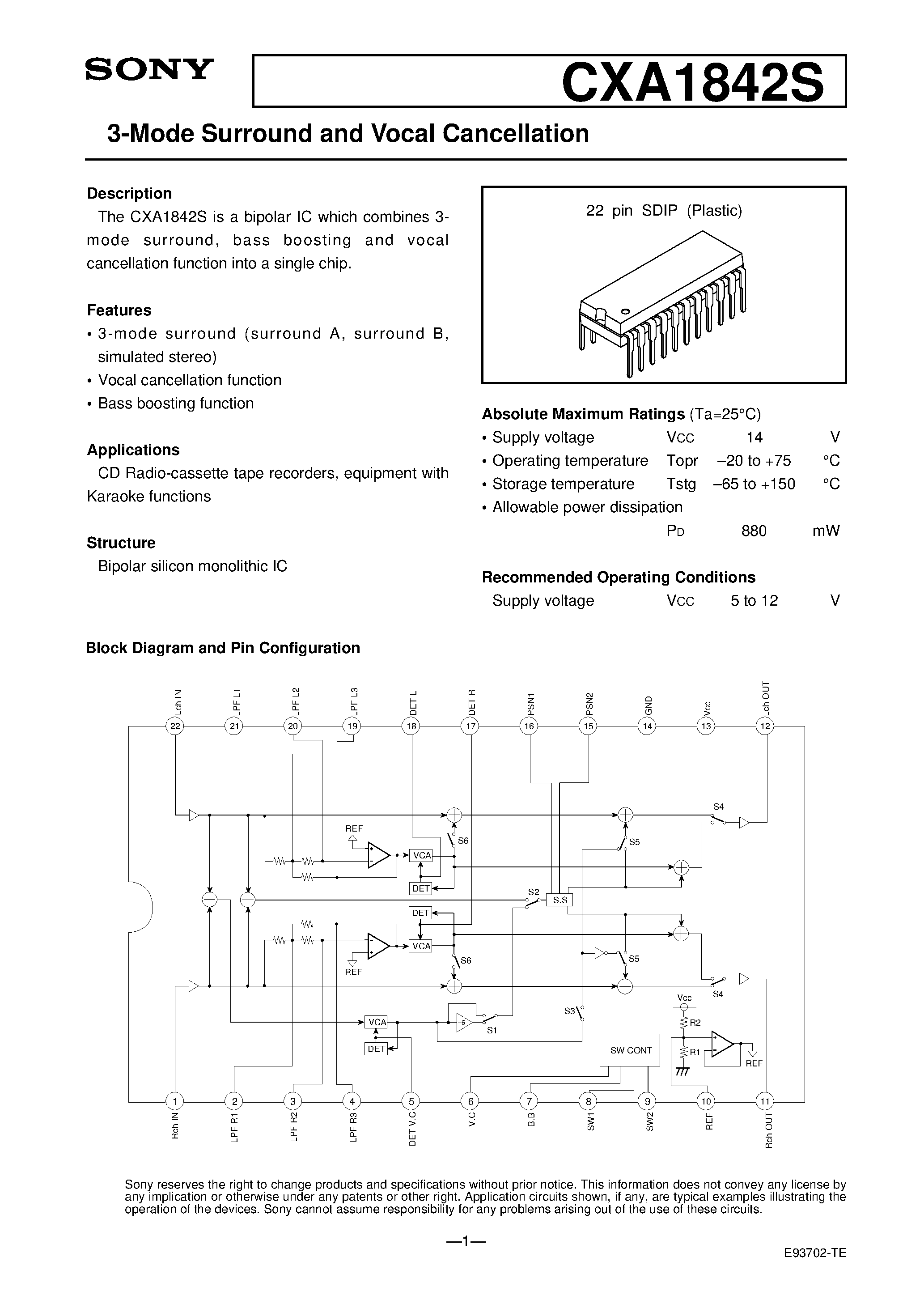 Datasheet CXA1842S - 3-Mode Surround and Vocal Cancellation page 1