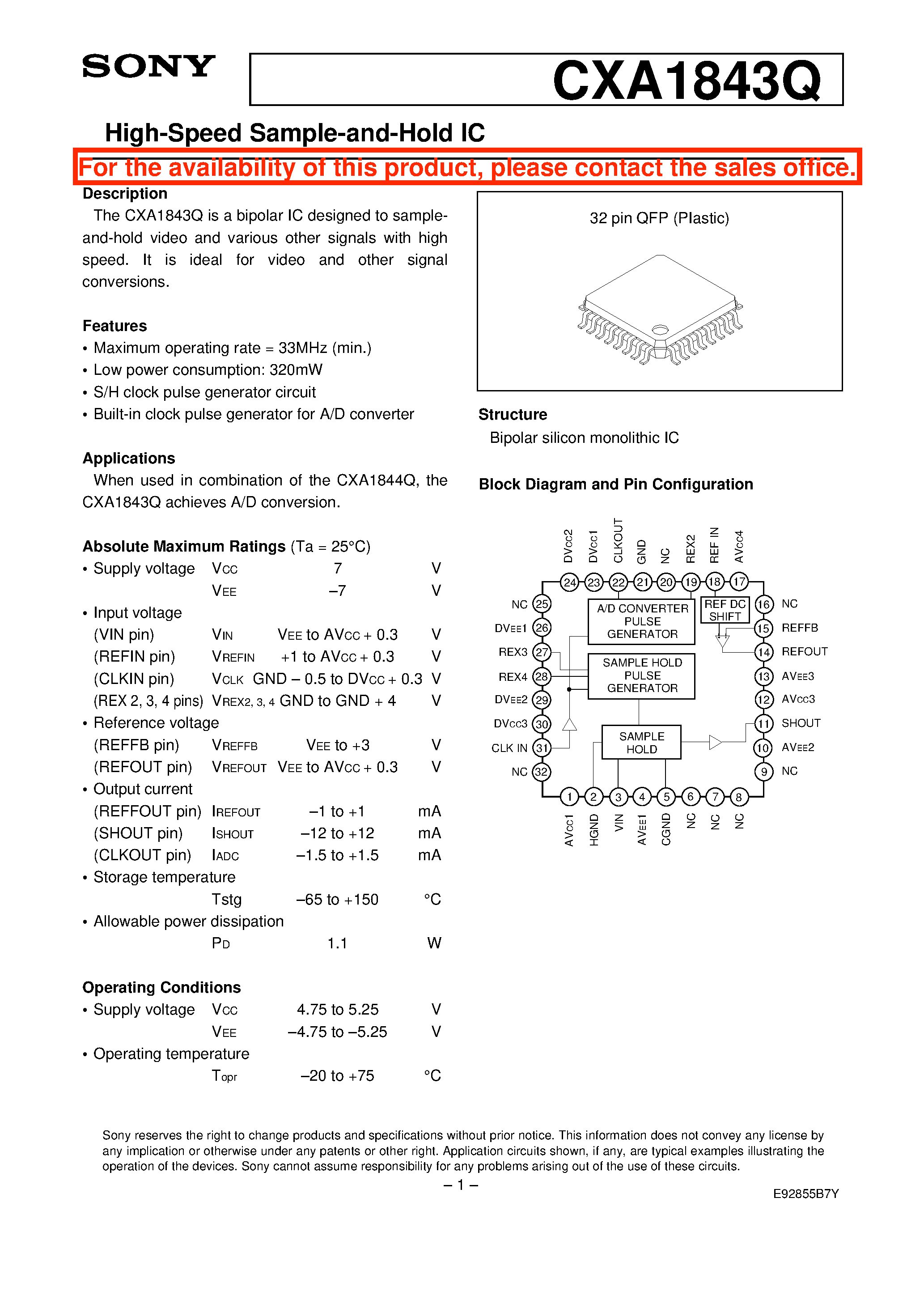 Datasheet CXA1843Q - High-Speed Sample-and-Hold IC page 1