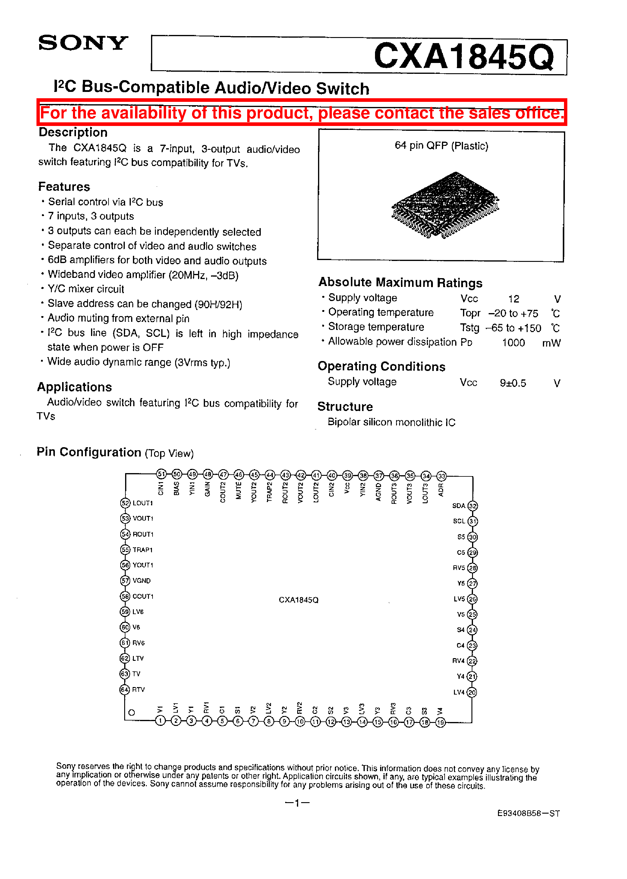 Datasheet CXA1845Q - I2C BUS-COMPATIBLE AUDIO/VIDEO SWITCH page 1