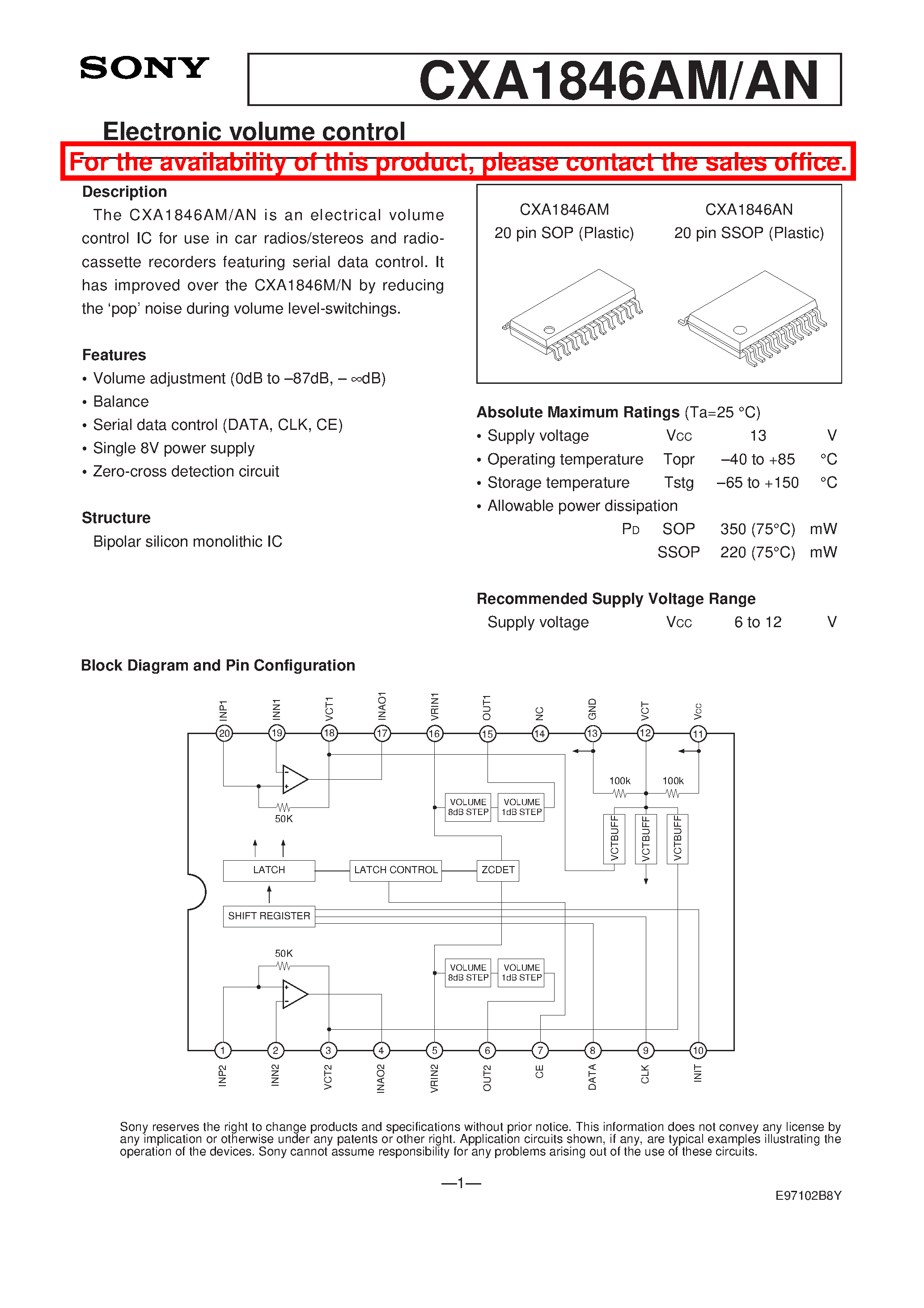 Datasheet CXA1846AM - Electronic volume control page 1