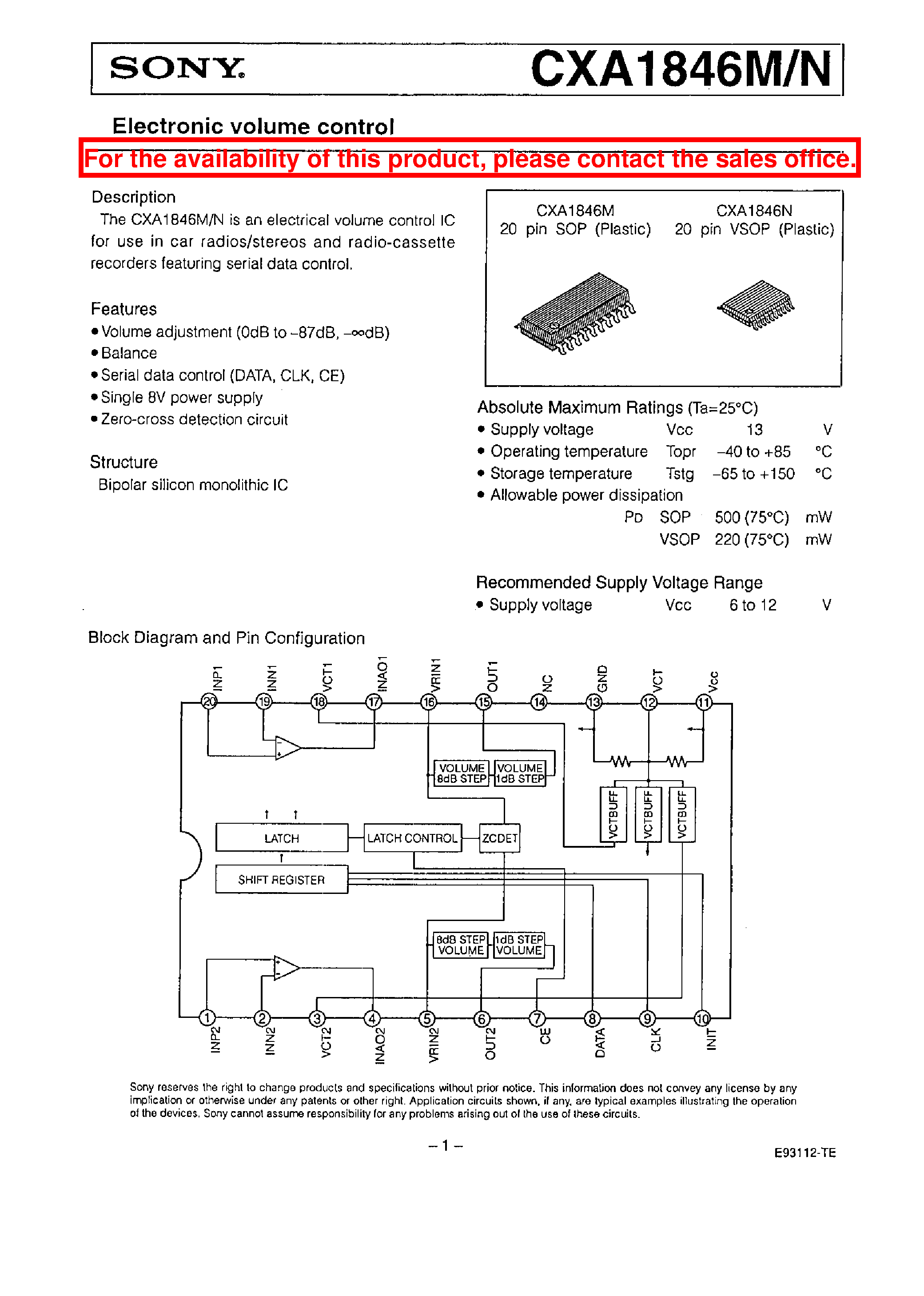 Datasheet CXA1846M - Electronic volume control page 1