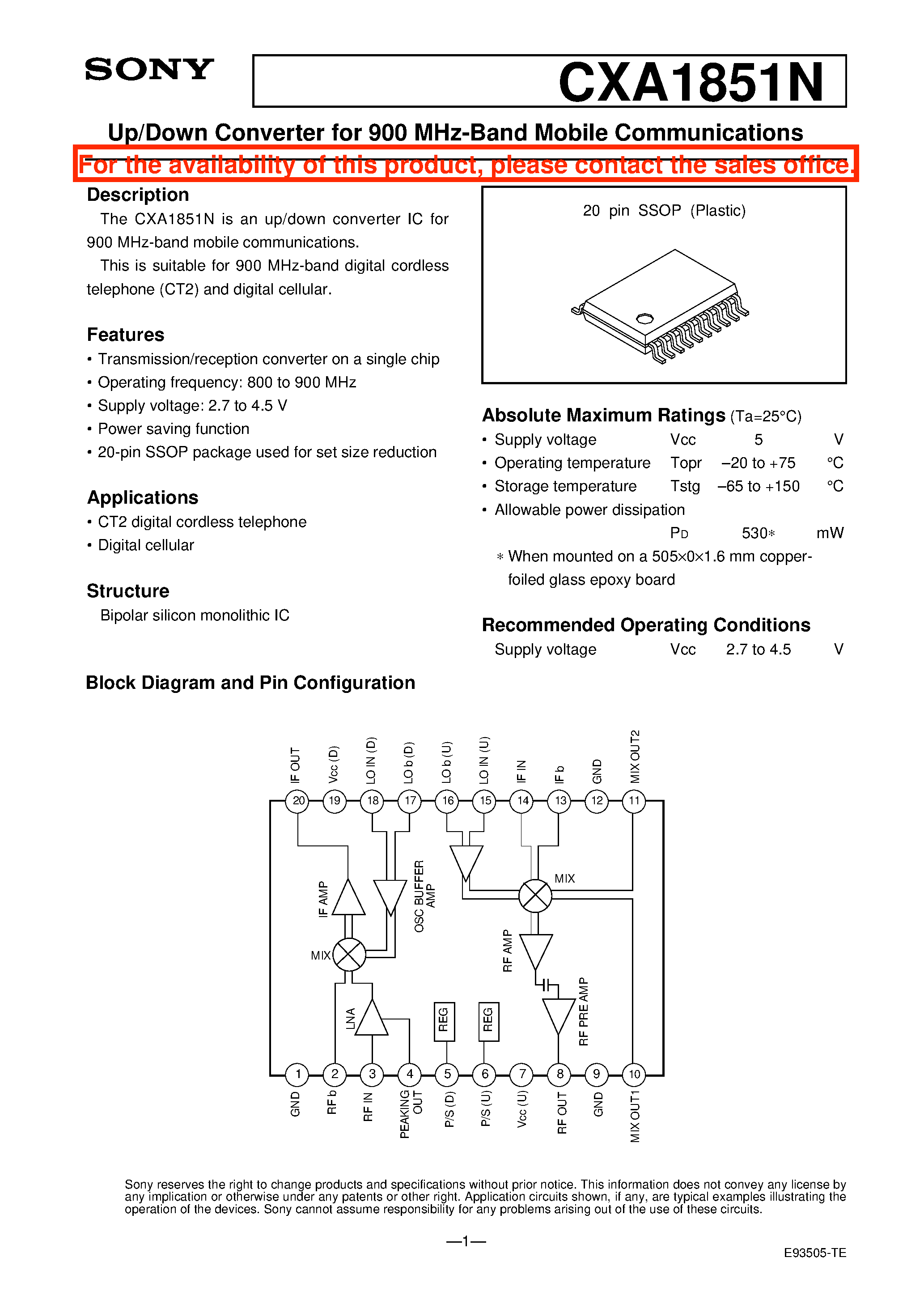 Datasheet CXA1851 - Up/Down Converter for 900 MHz-Band Mobile Communications page 1