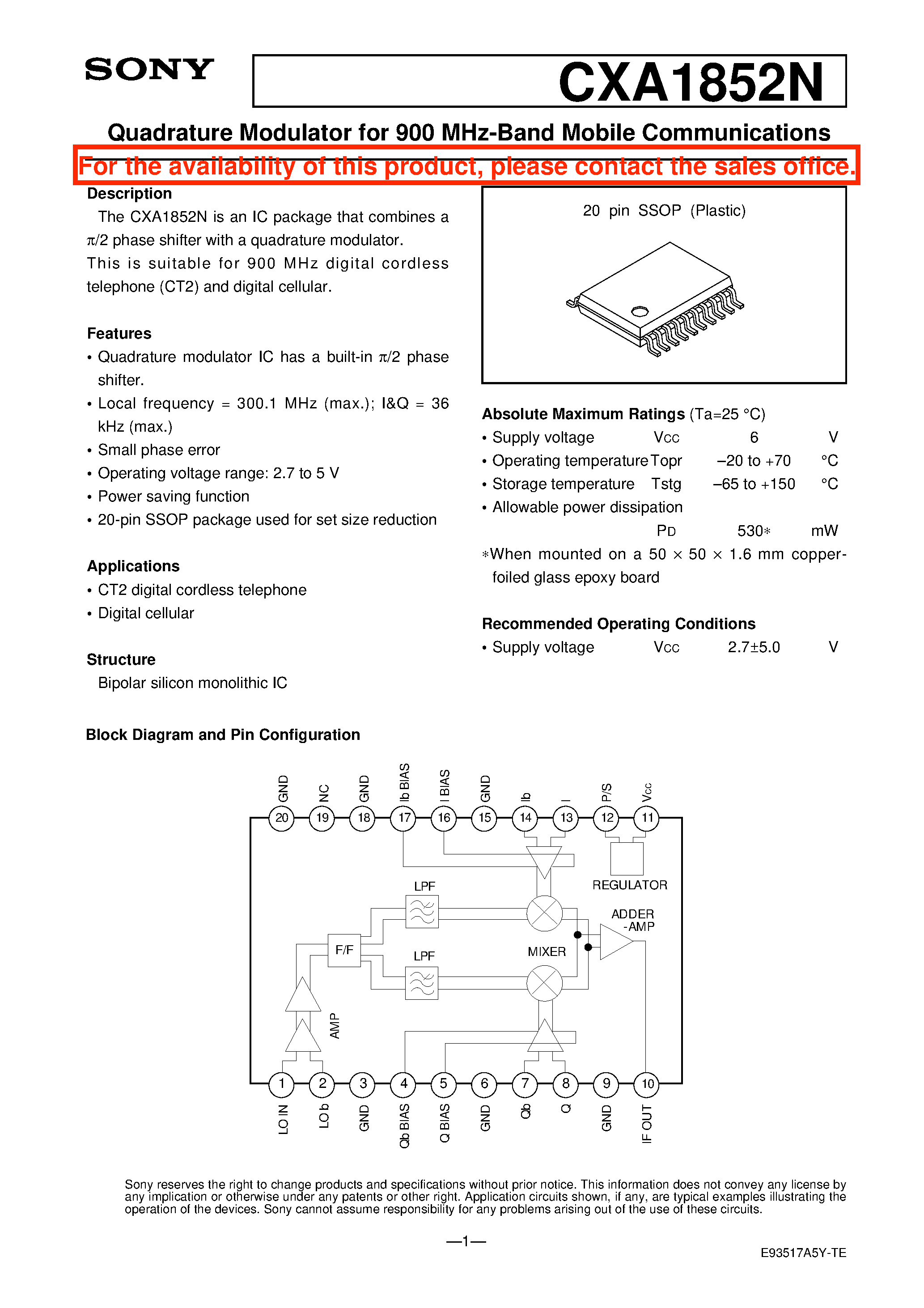 Datasheet CXA1852N - Quadrature Modulator for 900 MHz-Band Mobile Communications page 1