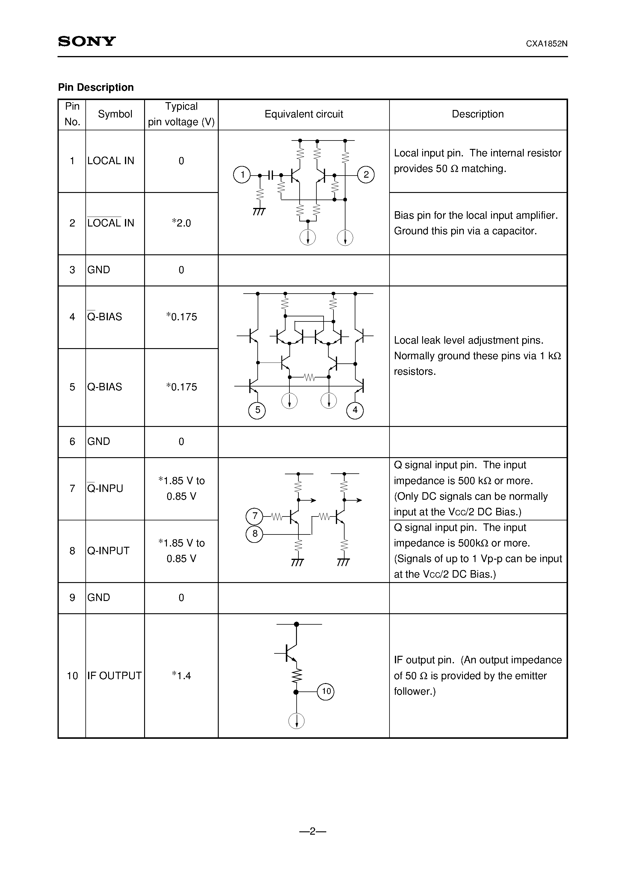 Datasheet CXA1852N - Quadrature Modulator for 900 MHz-Band Mobile Communications page 2