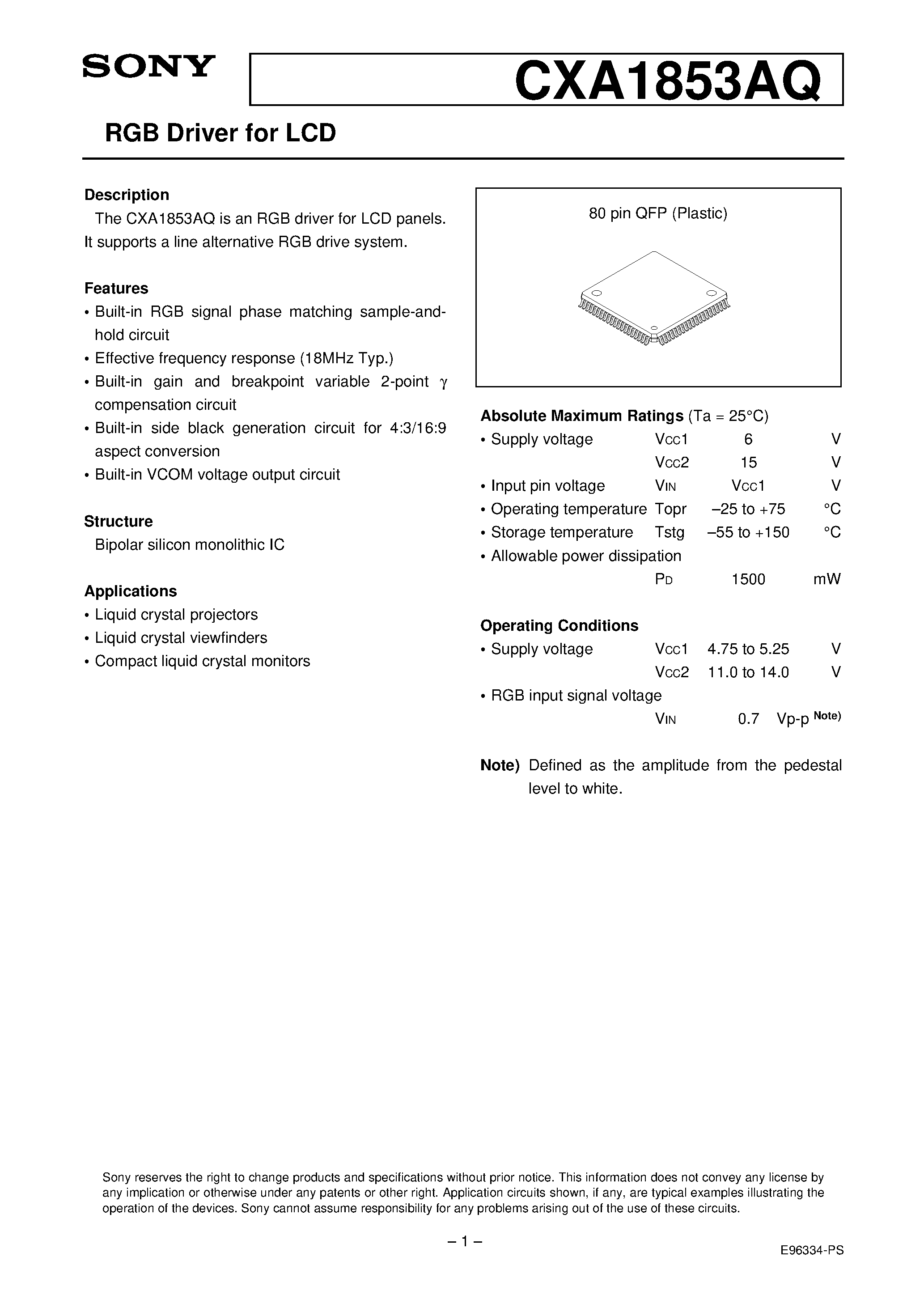 Datasheet CXA1853AQ - RGB Driver for LCD page 1