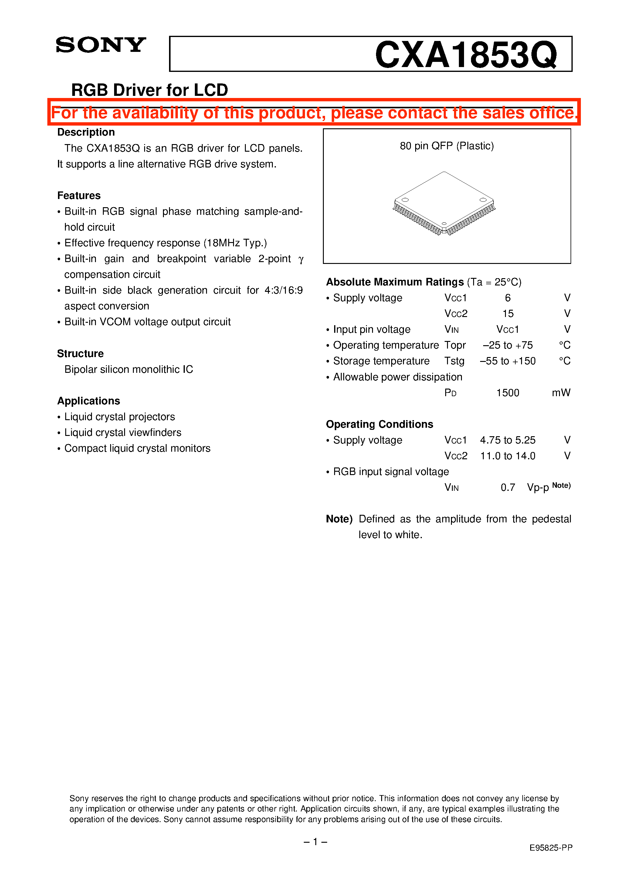 Datasheet CXA1853Q - RGB Driver for LCD page 1