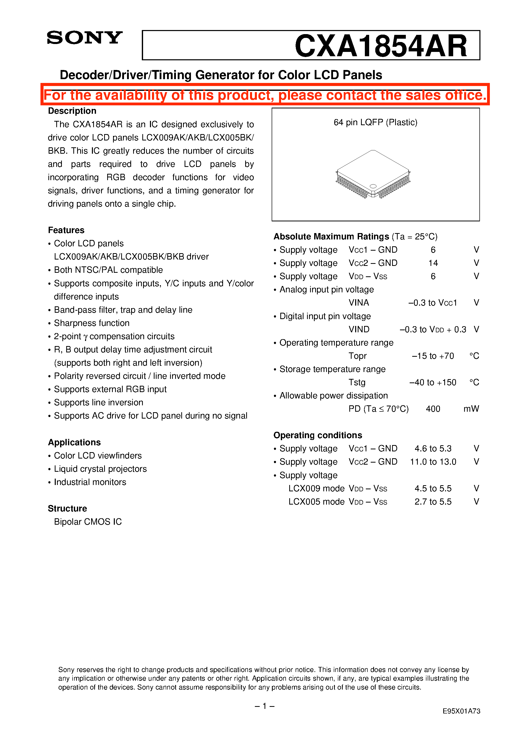 Datasheet CXA1854AR - Decoder/Driver/Timing Generator for Color LCD Panels page 1