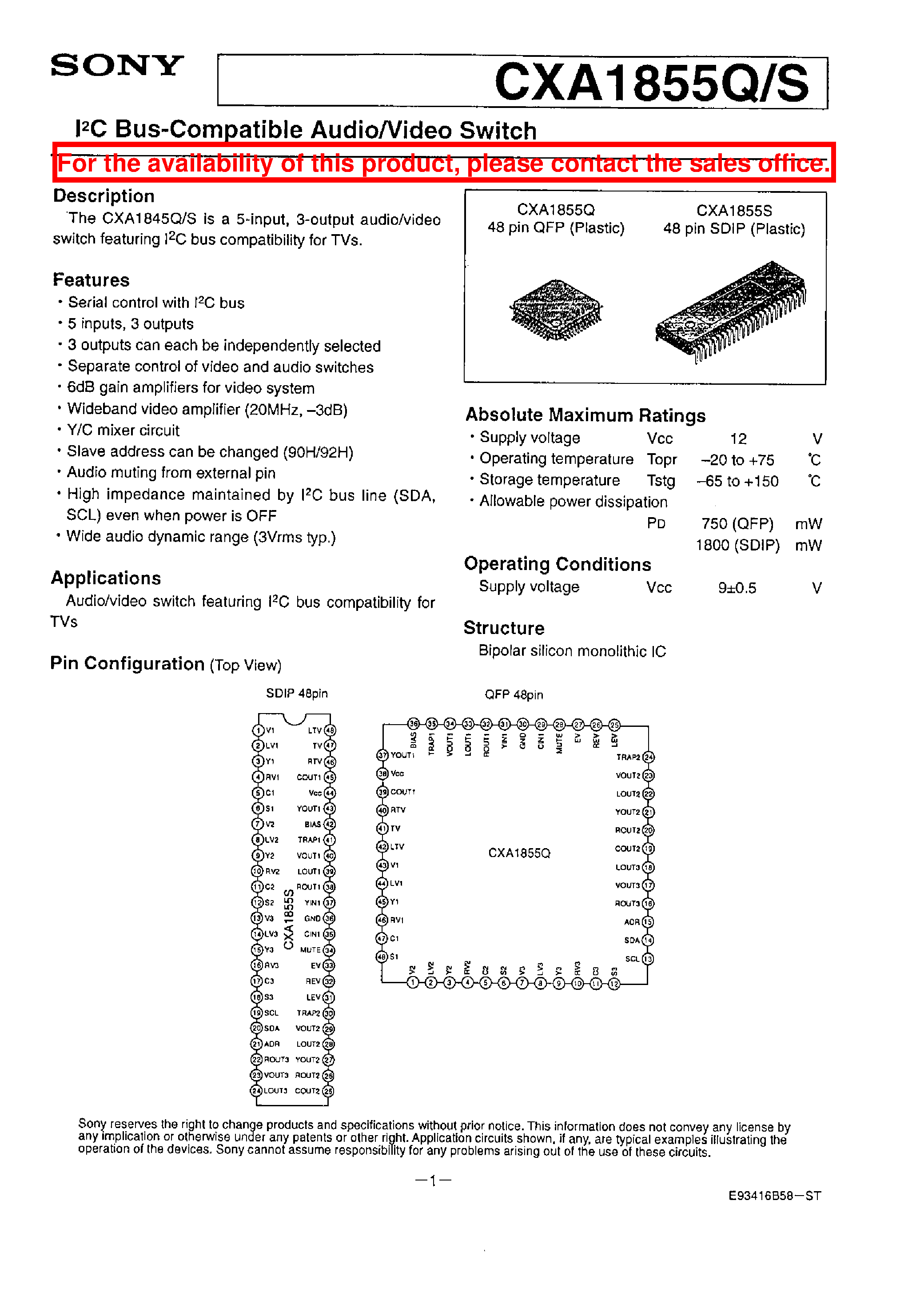 Datasheet CXA1855Q - I2C BUS-COMPATIBLE AUDIO/VIDEO SWITCH page 1