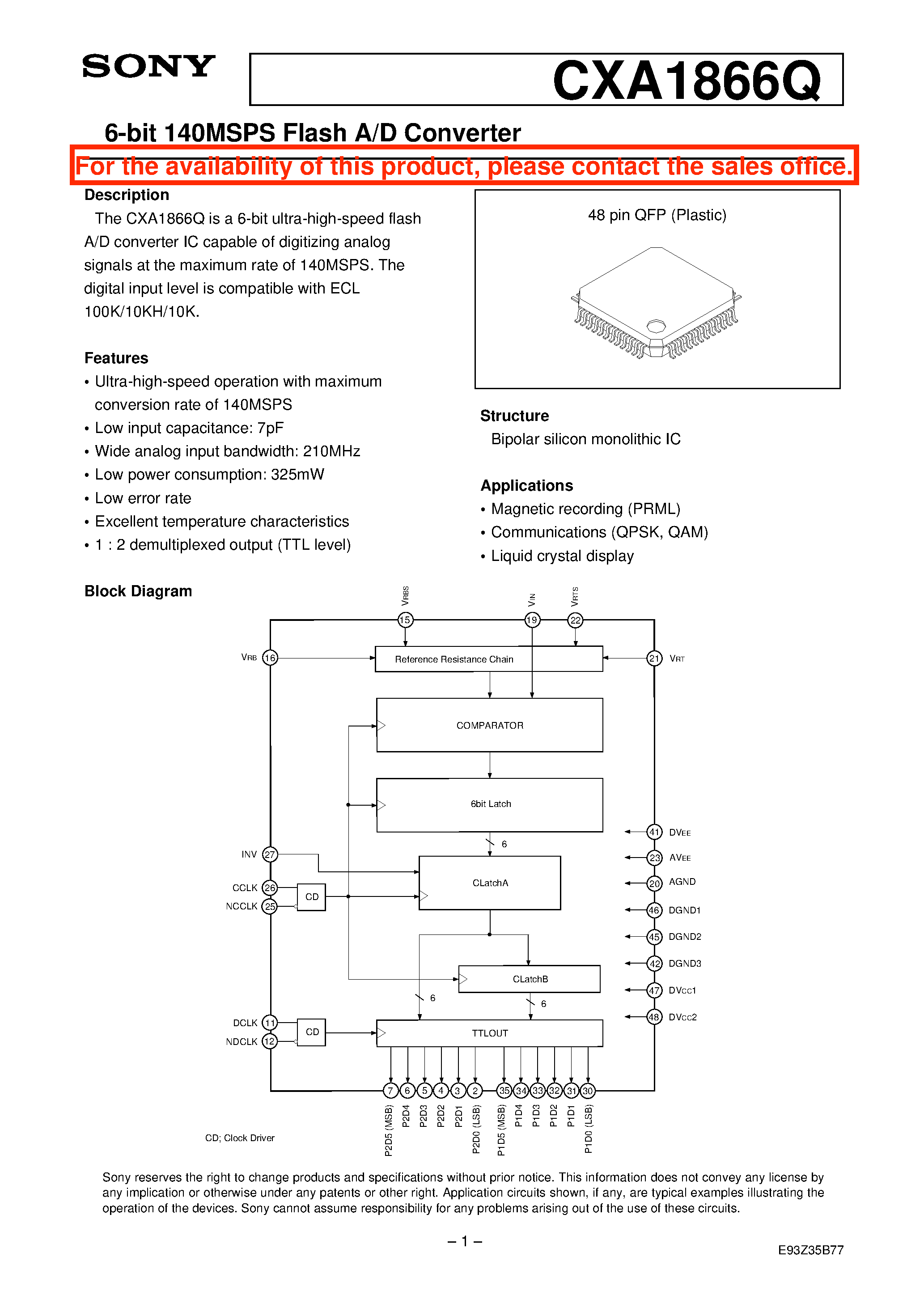 Datasheet CXA1866Q - 6-bit 140MSPS Flash A/D Converter page 1