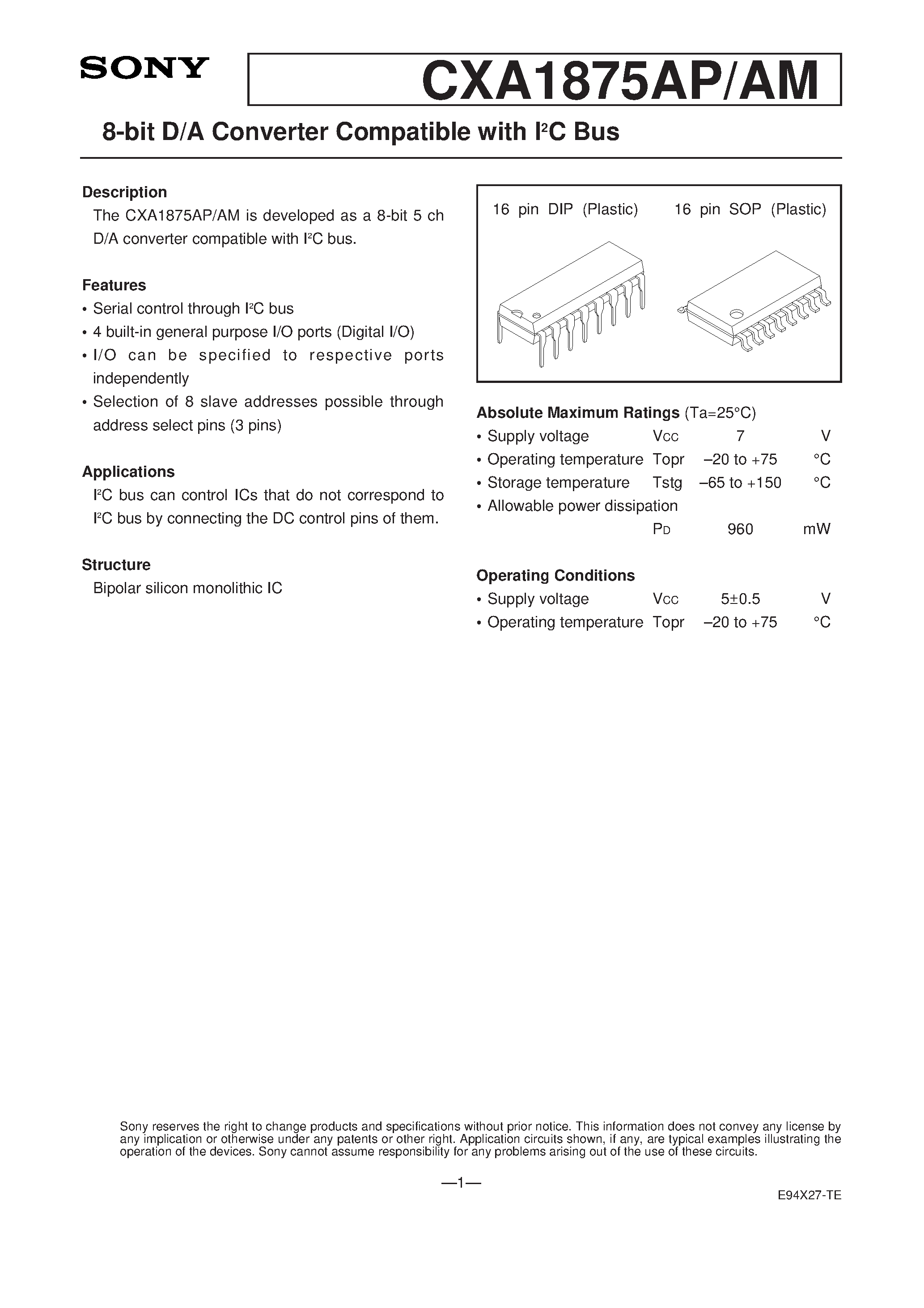 Datasheet CXA1875 - 8-bit D/A Converter Compatible with I2C Bus page 1