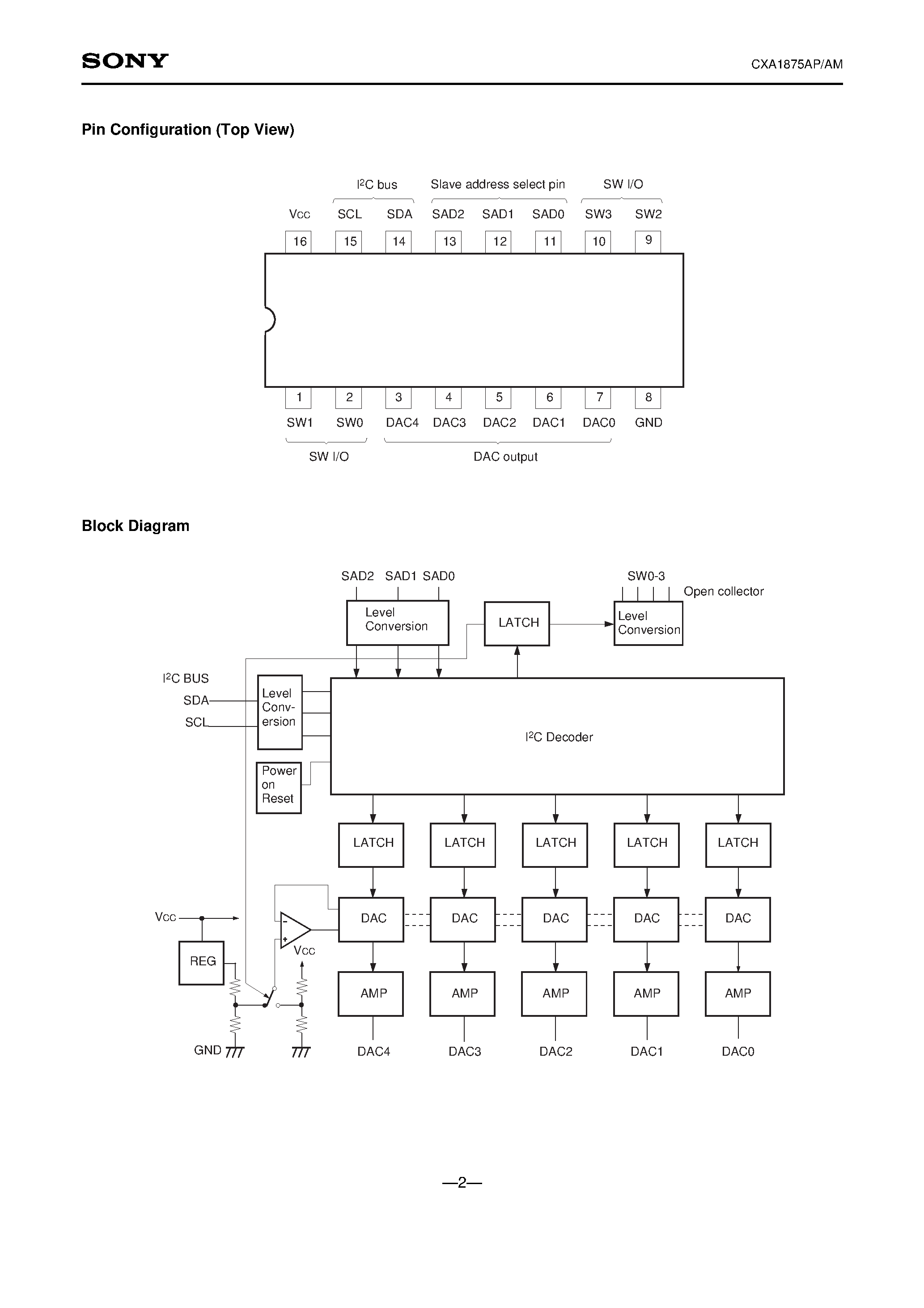 Datasheet CXA1875 - 8-bit D/A Converter Compatible with I2C Bus page 2