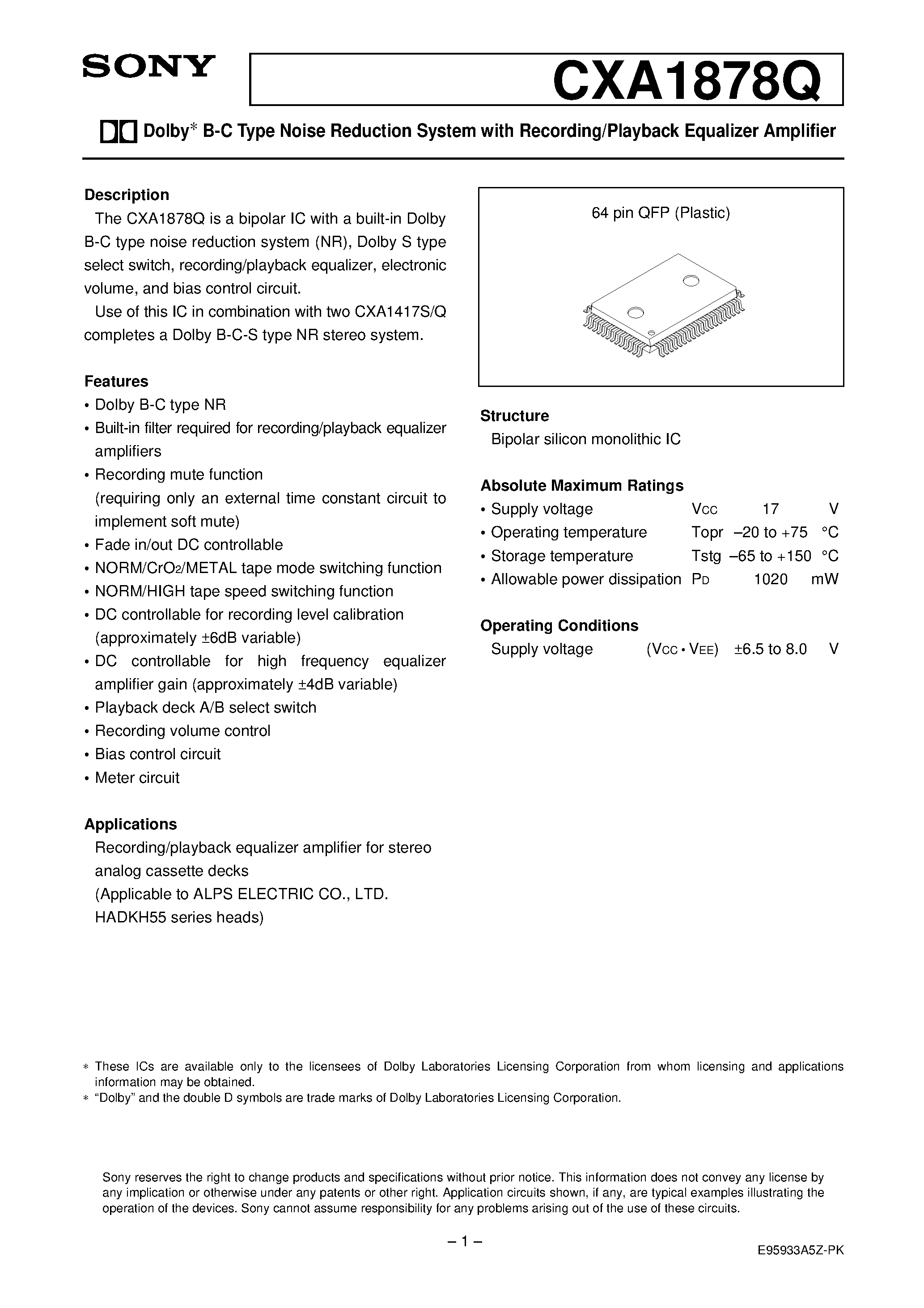 Datasheet CXA1878Q - Dolby B-C Type Noise Reduction System with Recording/Playback Equalizer Amplifier page 1