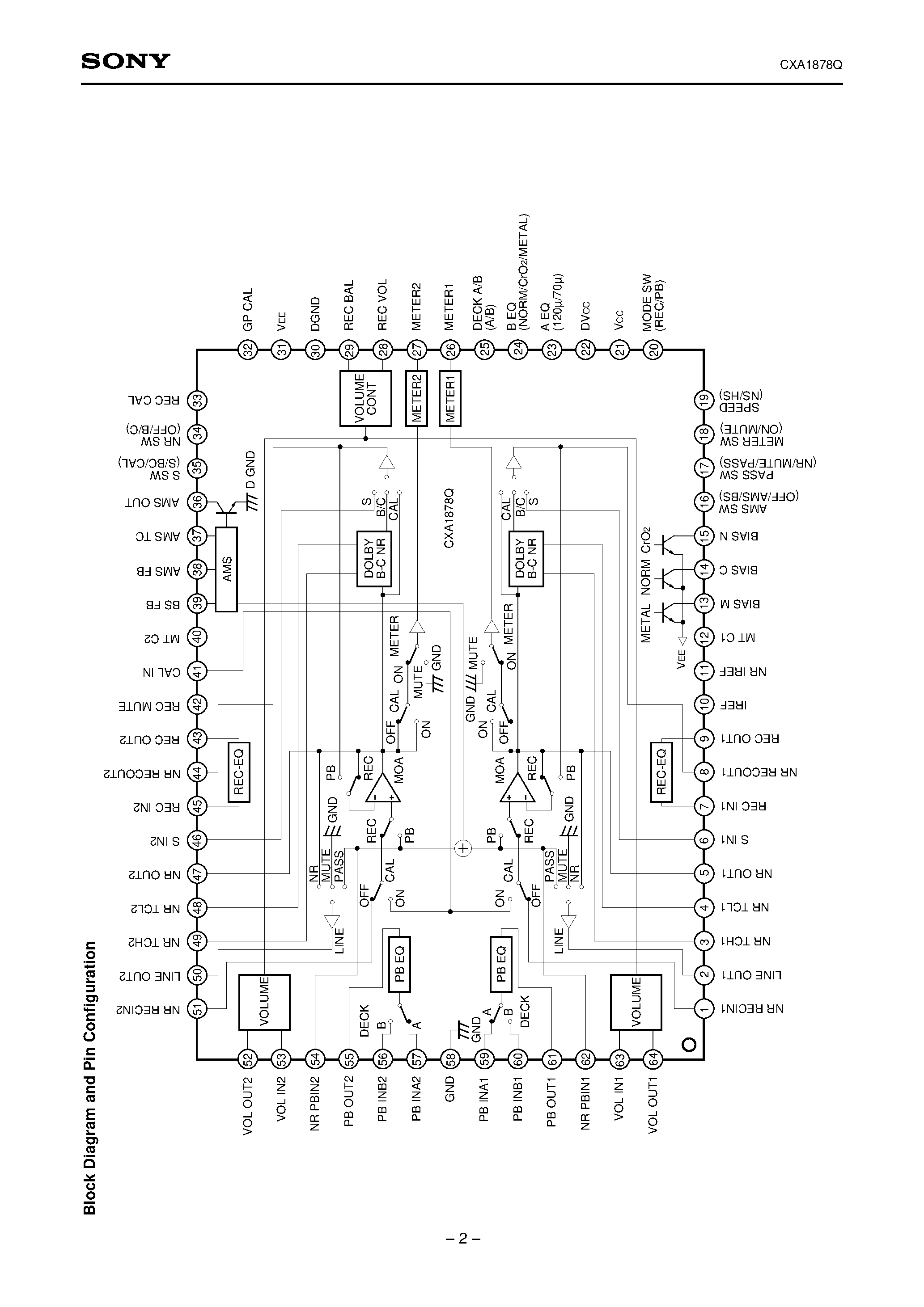 Datasheet CXA1878Q - Dolby B-C Type Noise Reduction System with Recording/Playback Equalizer Amplifier page 2