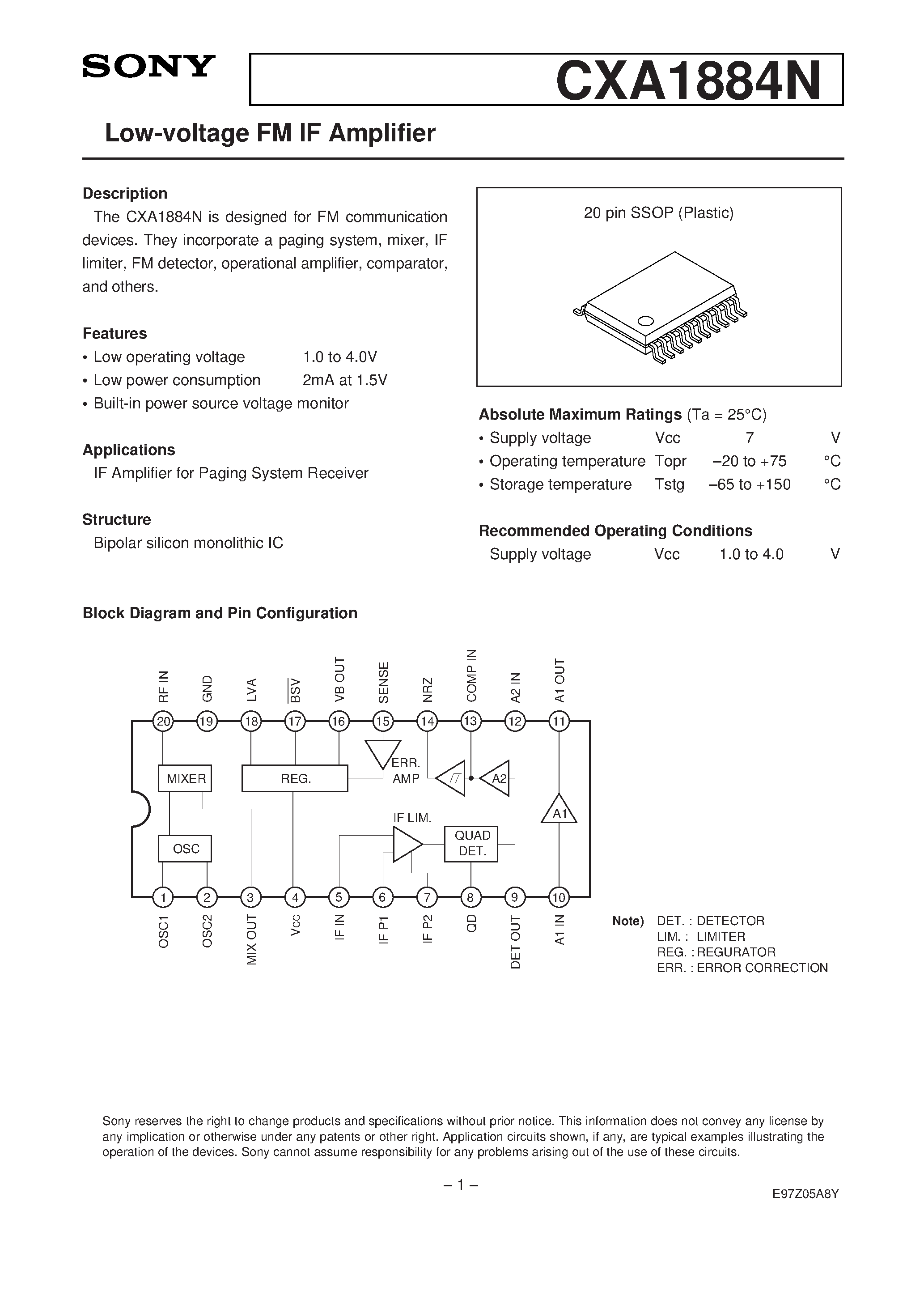 Datasheet CXA1884N - Low-voltage FM IF Amplifier page 1