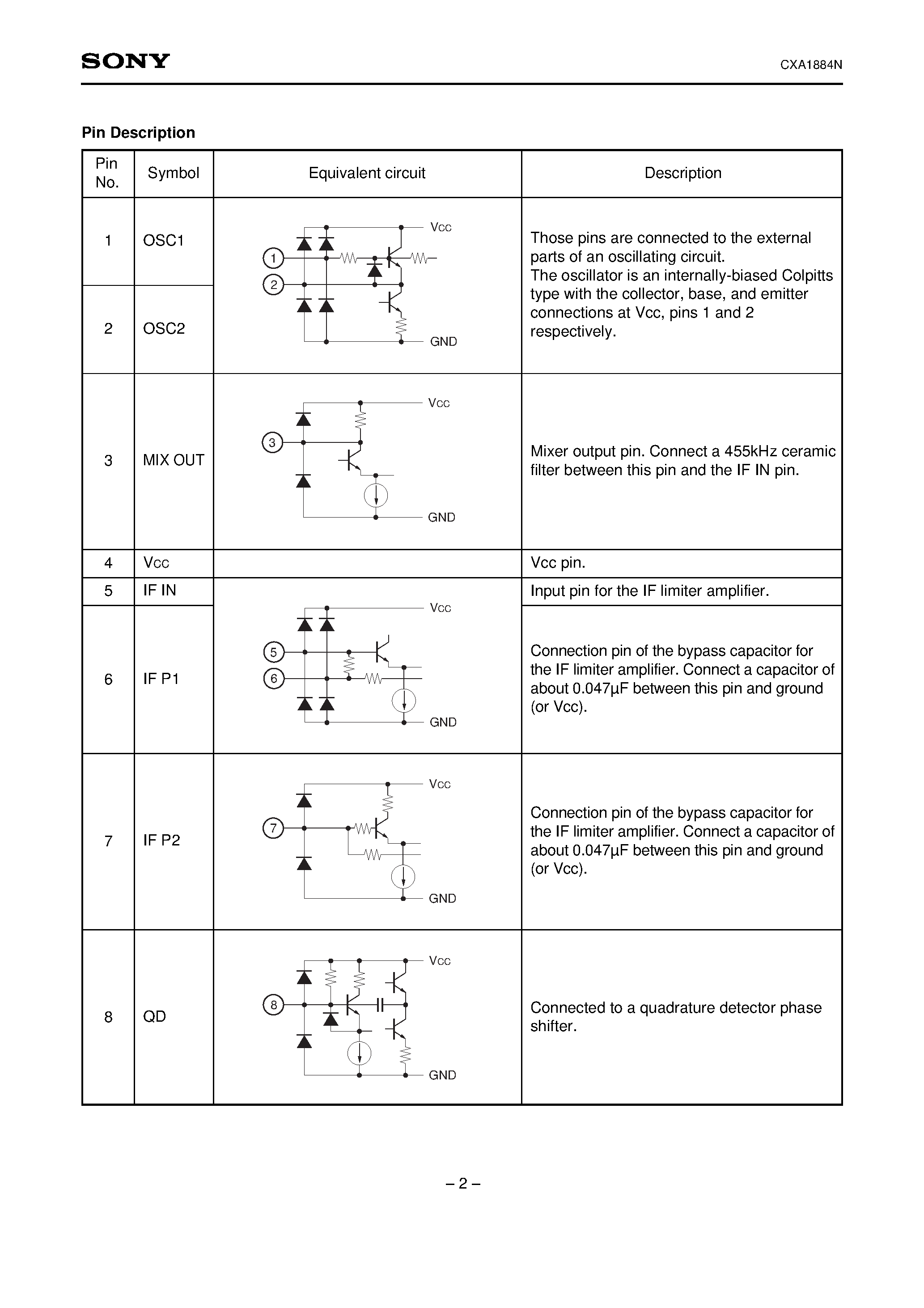 Datasheet CXA1884N - Low-voltage FM IF Amplifier page 2