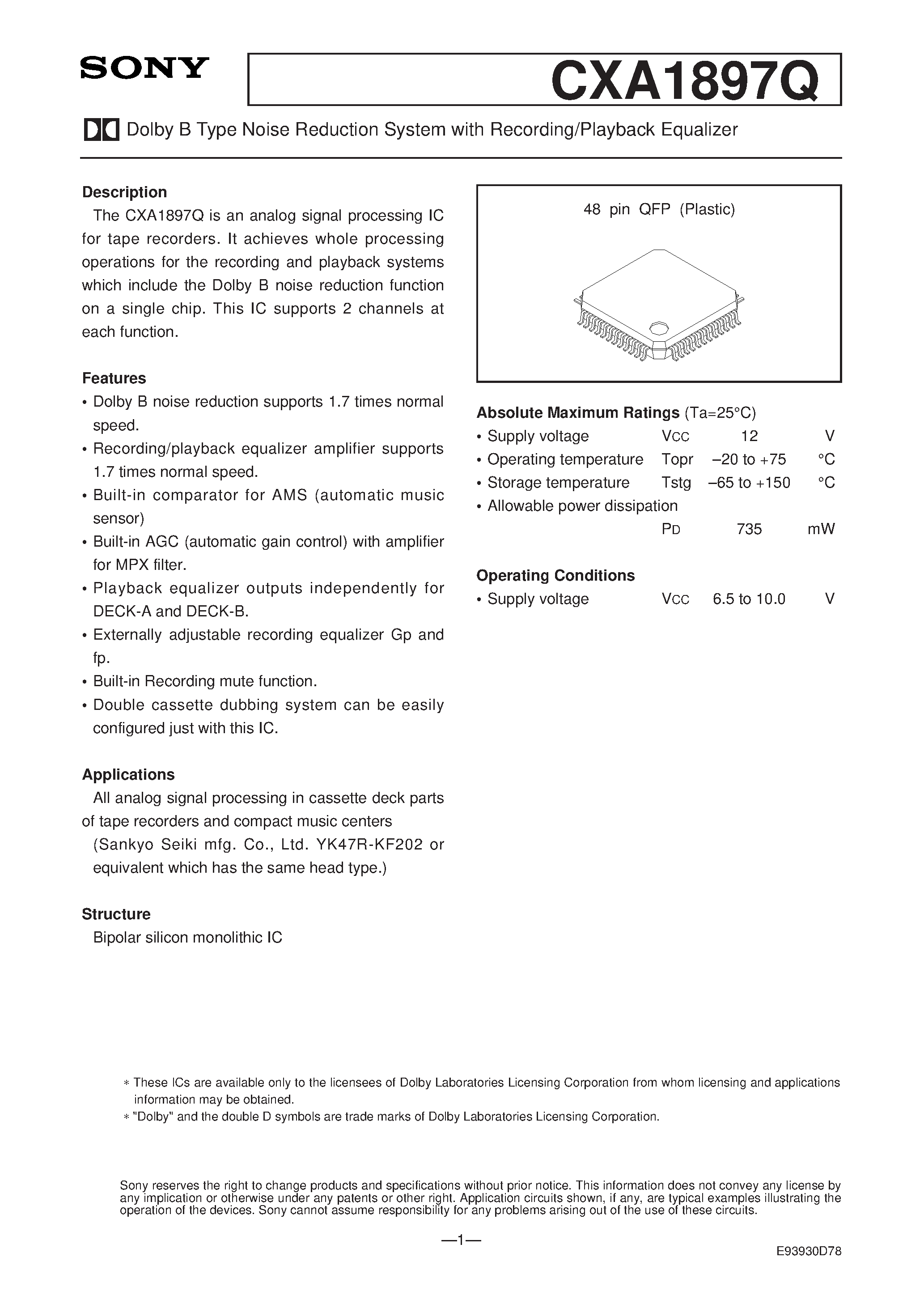 Datasheet CXA1897Q - Dolby B Type Noise Reduction System with Recording/Playback Equalizer page 1