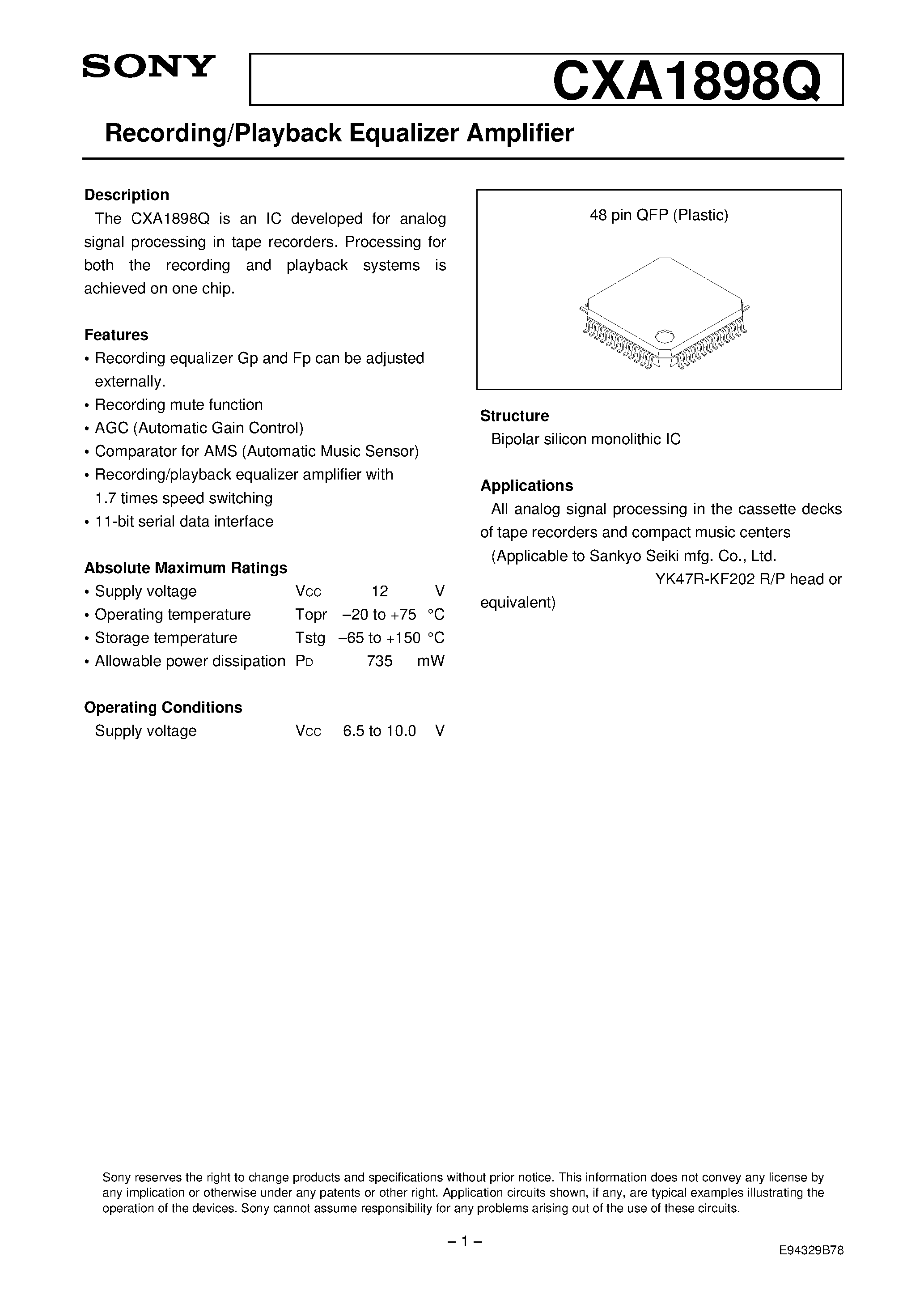 Datasheet CXA1898Q - Recording/Playback Equalizer Amplifier page 1