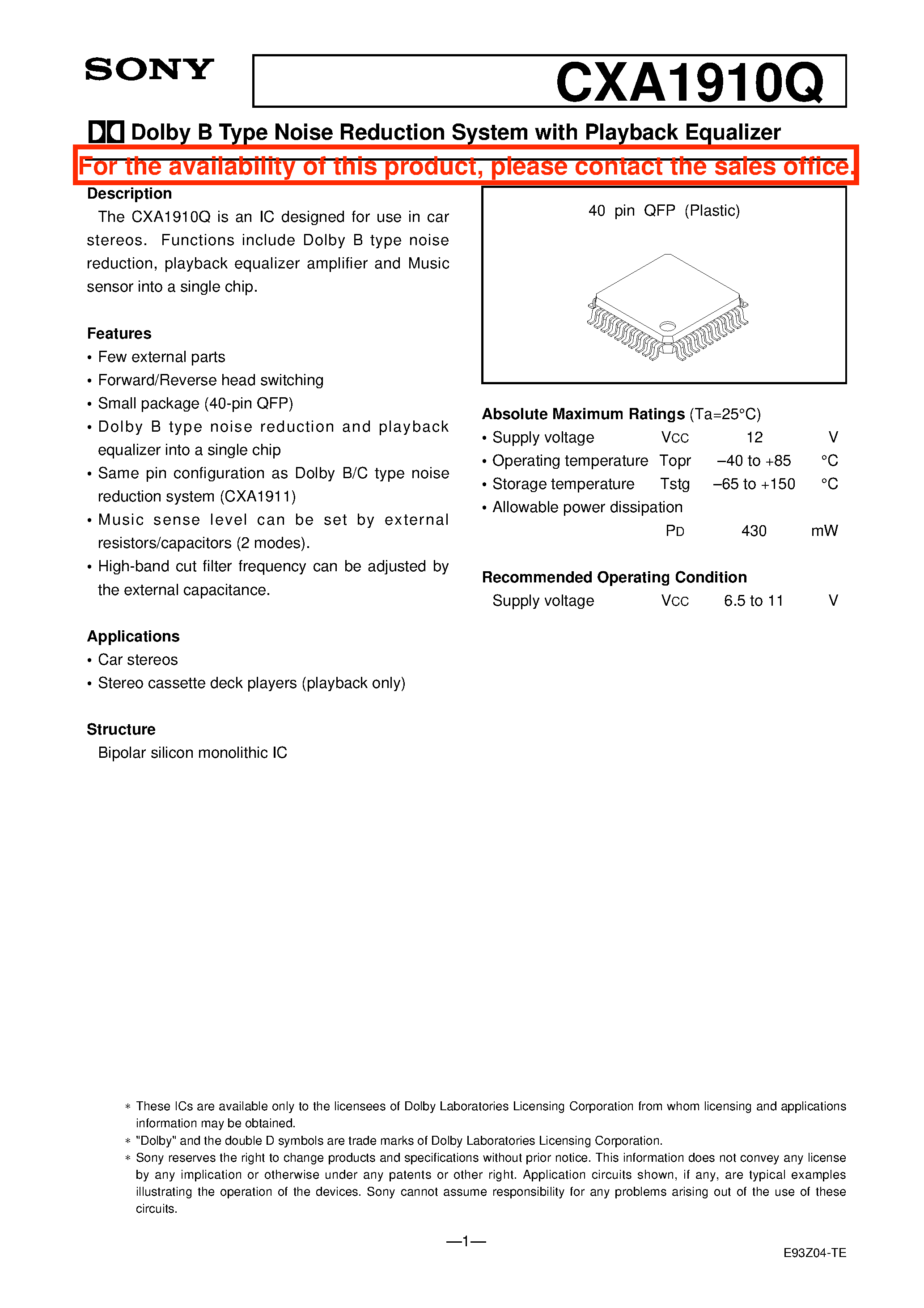 Datasheet CXA1910 - Dolby B Type Noise Reduction System with Playback Equalizer page 1