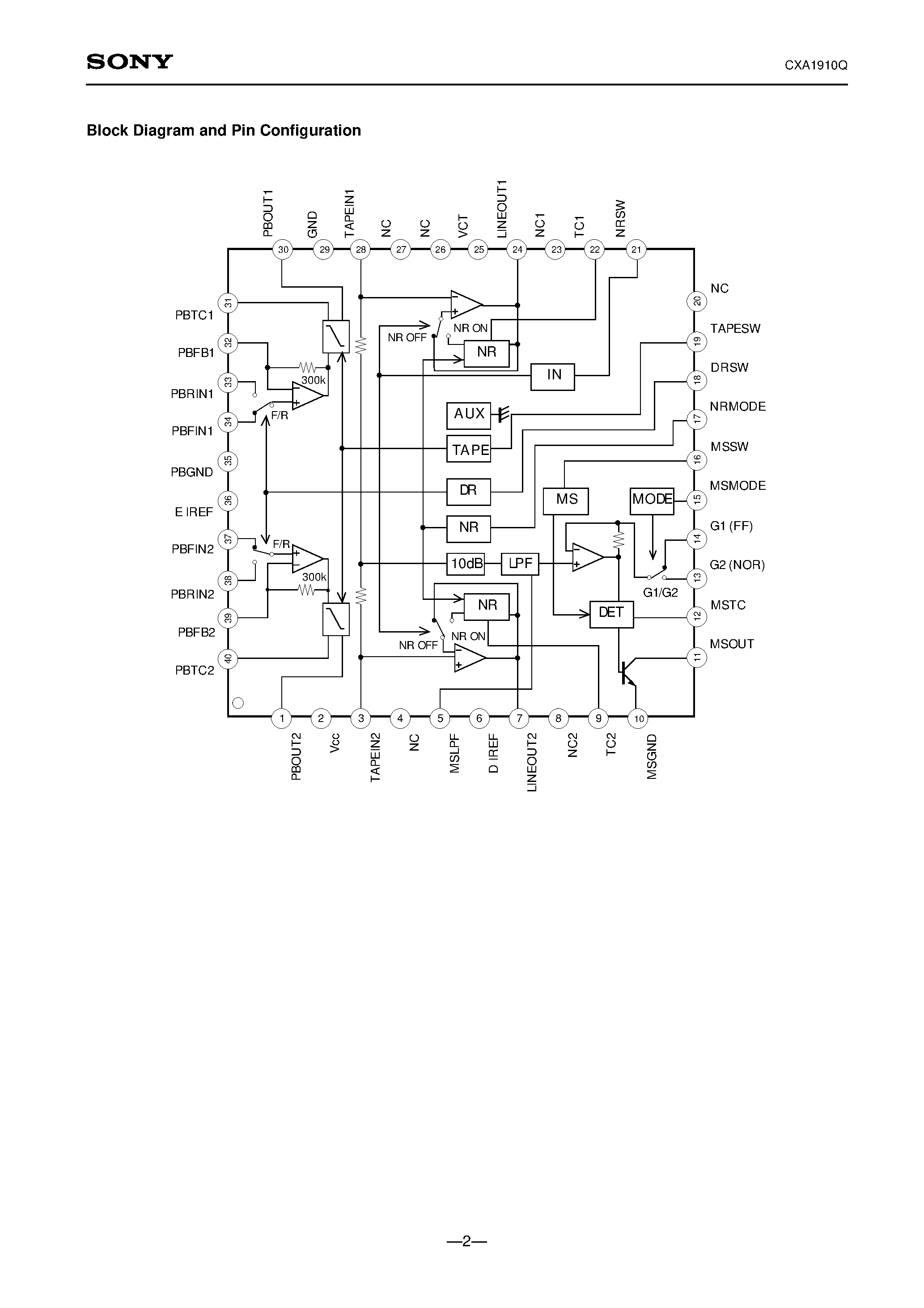 Datasheet CXA1910 - Dolby B Type Noise Reduction System with Playback Equalizer page 2