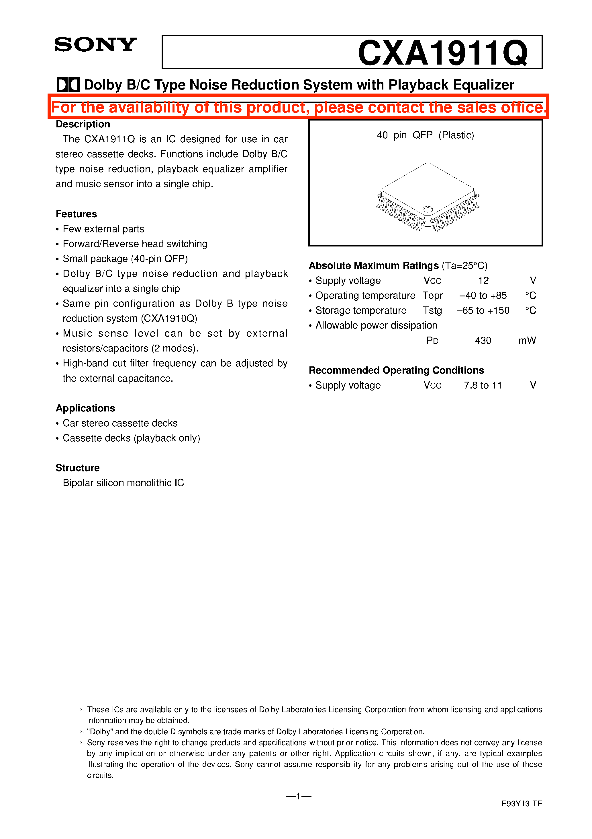 Datasheet CXA1911 - Dolby B/C Type Noise Reduction System with Playback Equalizer page 1