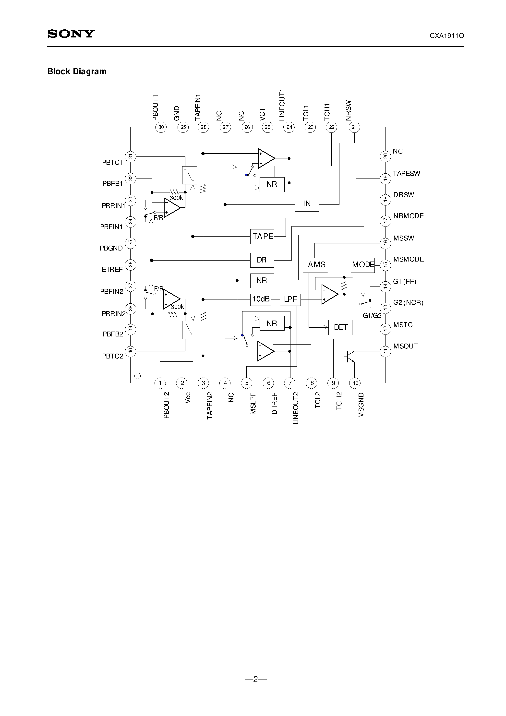 Datasheet CXA1911 - Dolby B/C Type Noise Reduction System with Playback Equalizer page 2