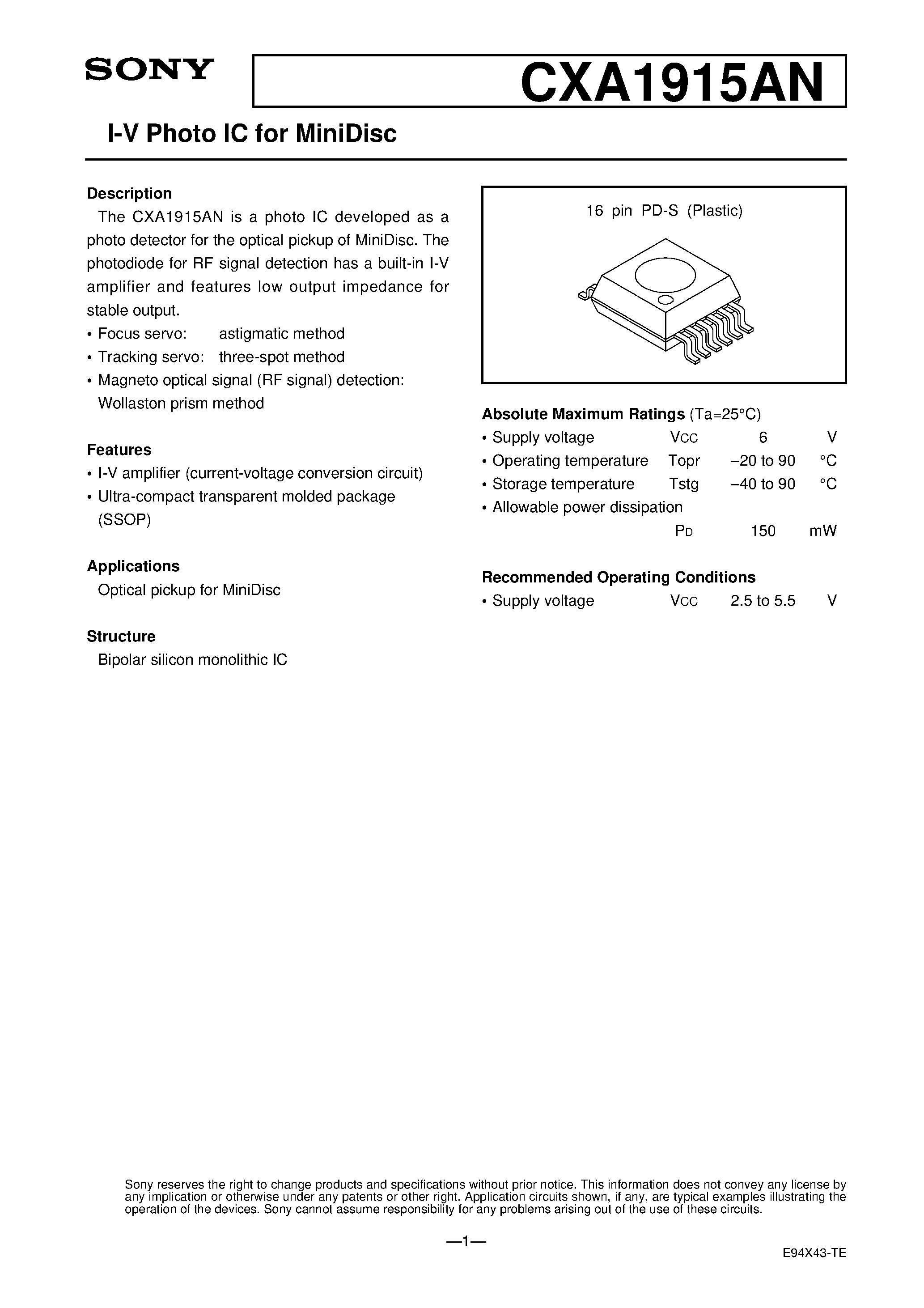 Datasheet CXA1915AN - I-V Photo IC for MiniDisc page 1