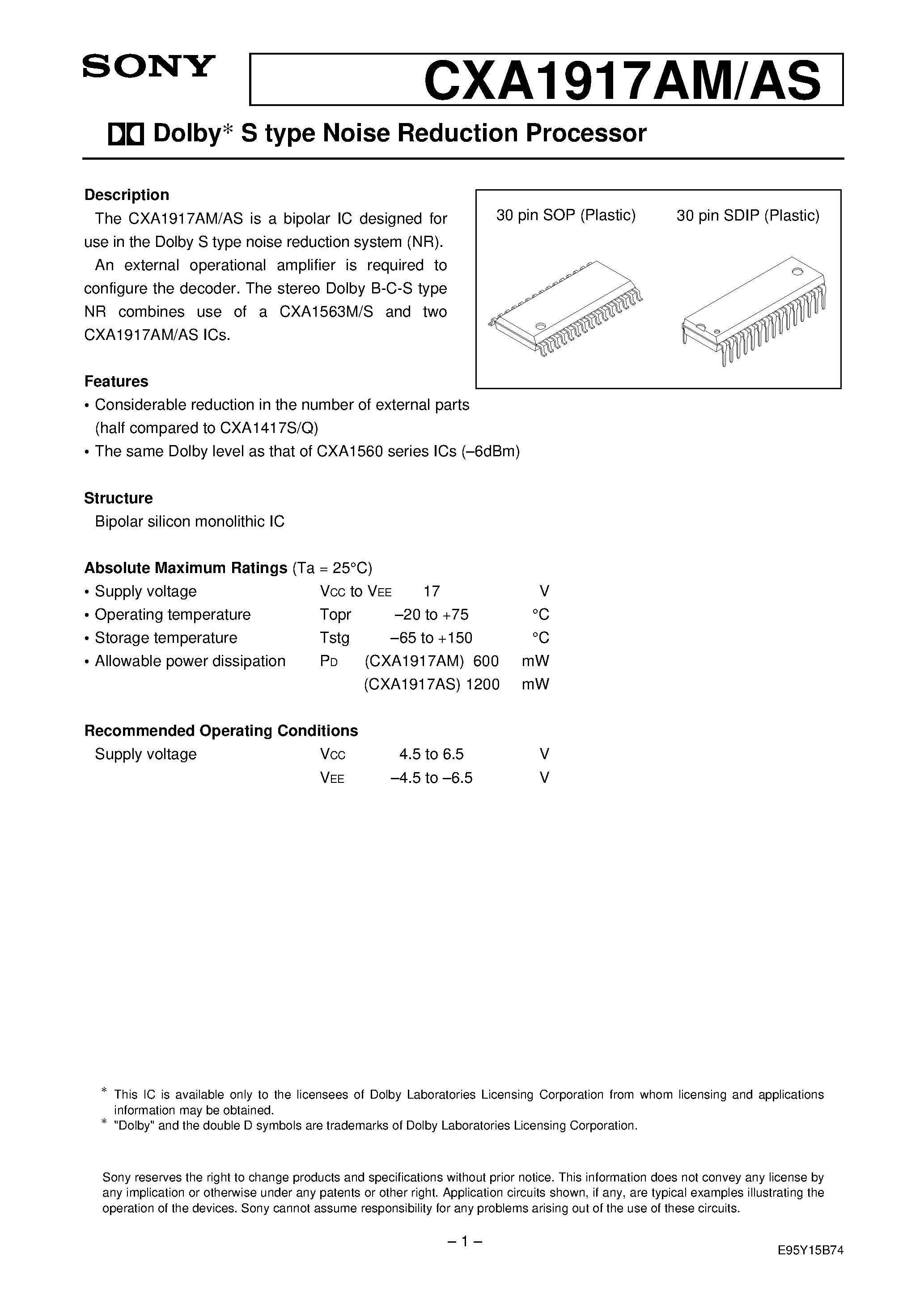 Datasheet CXA1917AM - Dolby S type Noise Reduction Processor page 1