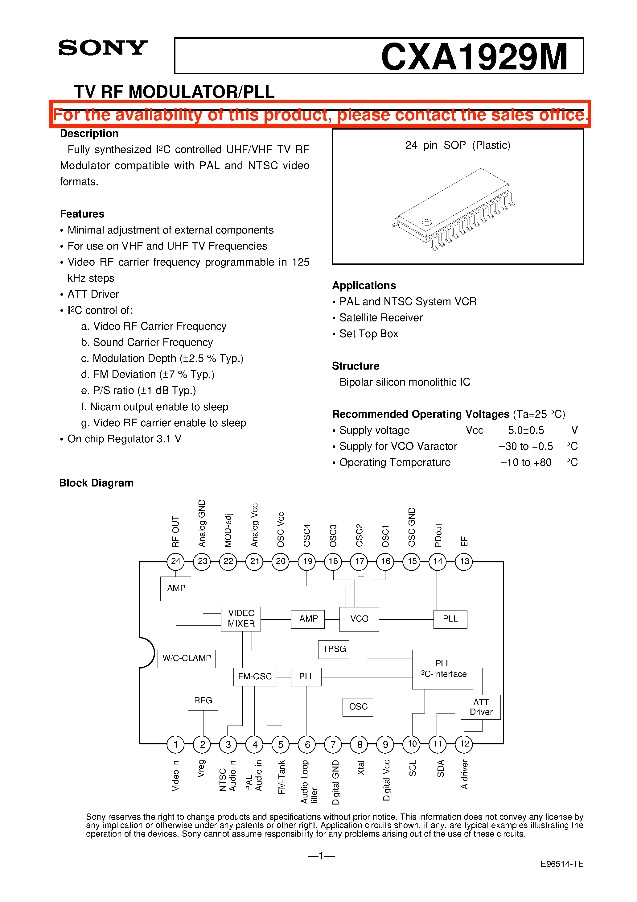 Datasheet CXA1929M - TV RF MODULATOR/PLL page 1