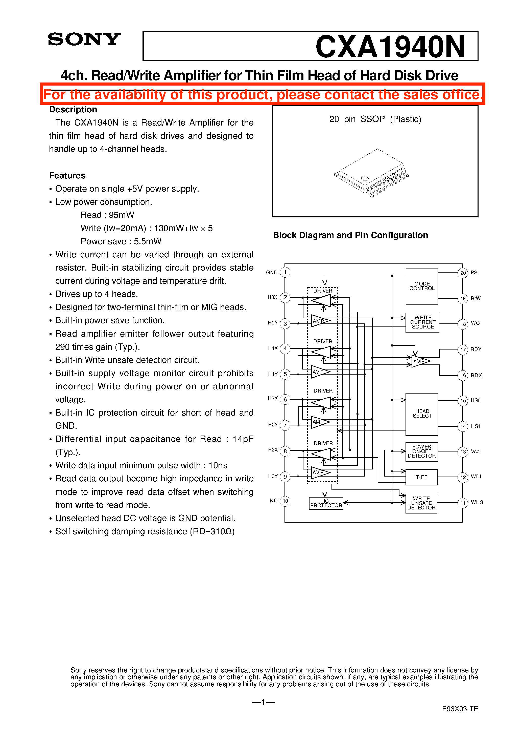 Datasheet CXA1940N - 4ch. Read/Write Amplifier for Thin Film Head of Hard Disk Drive page 1