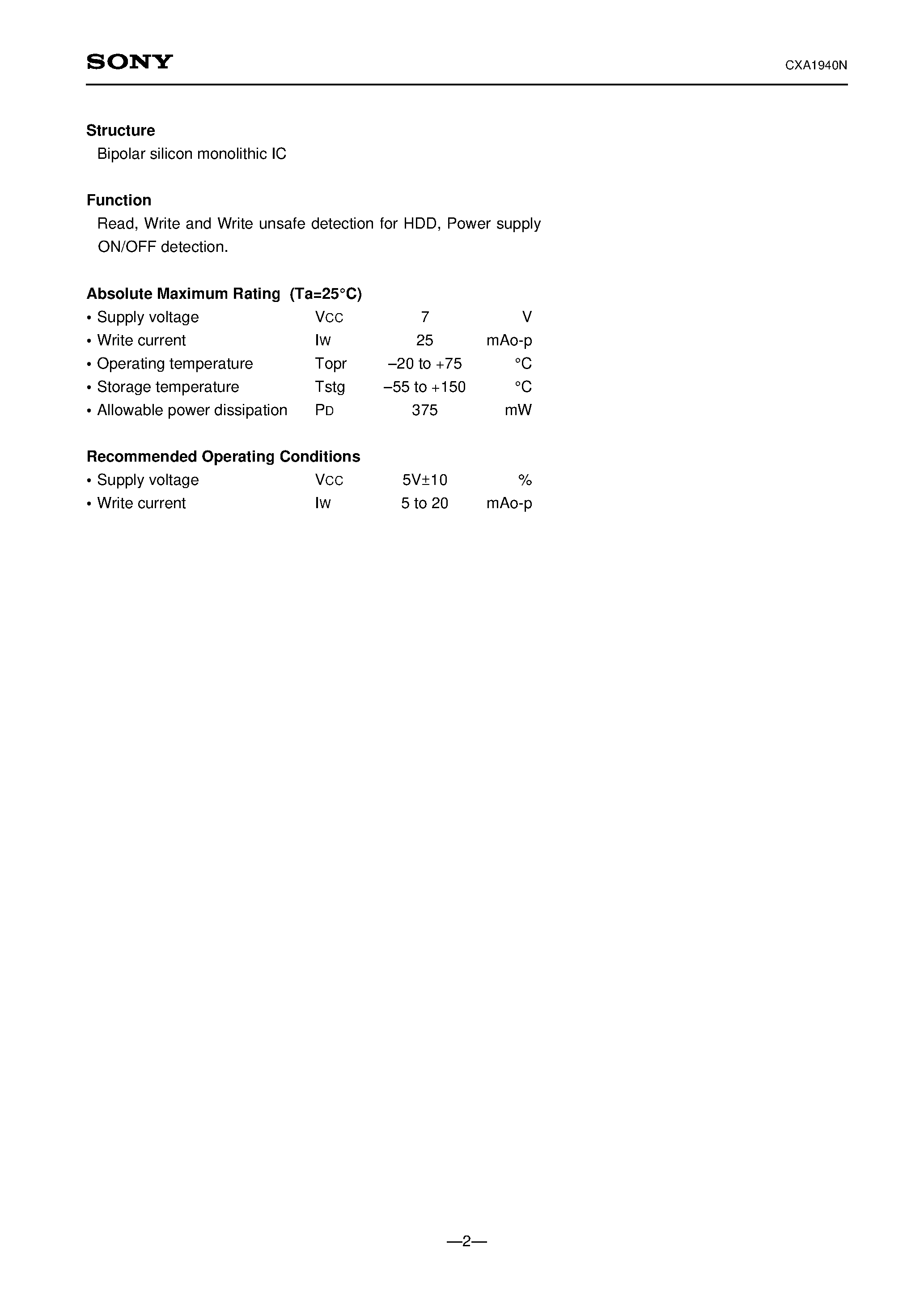 Datasheet CXA1940N - 4ch. Read/Write Amplifier for Thin Film Head of Hard Disk Drive page 2