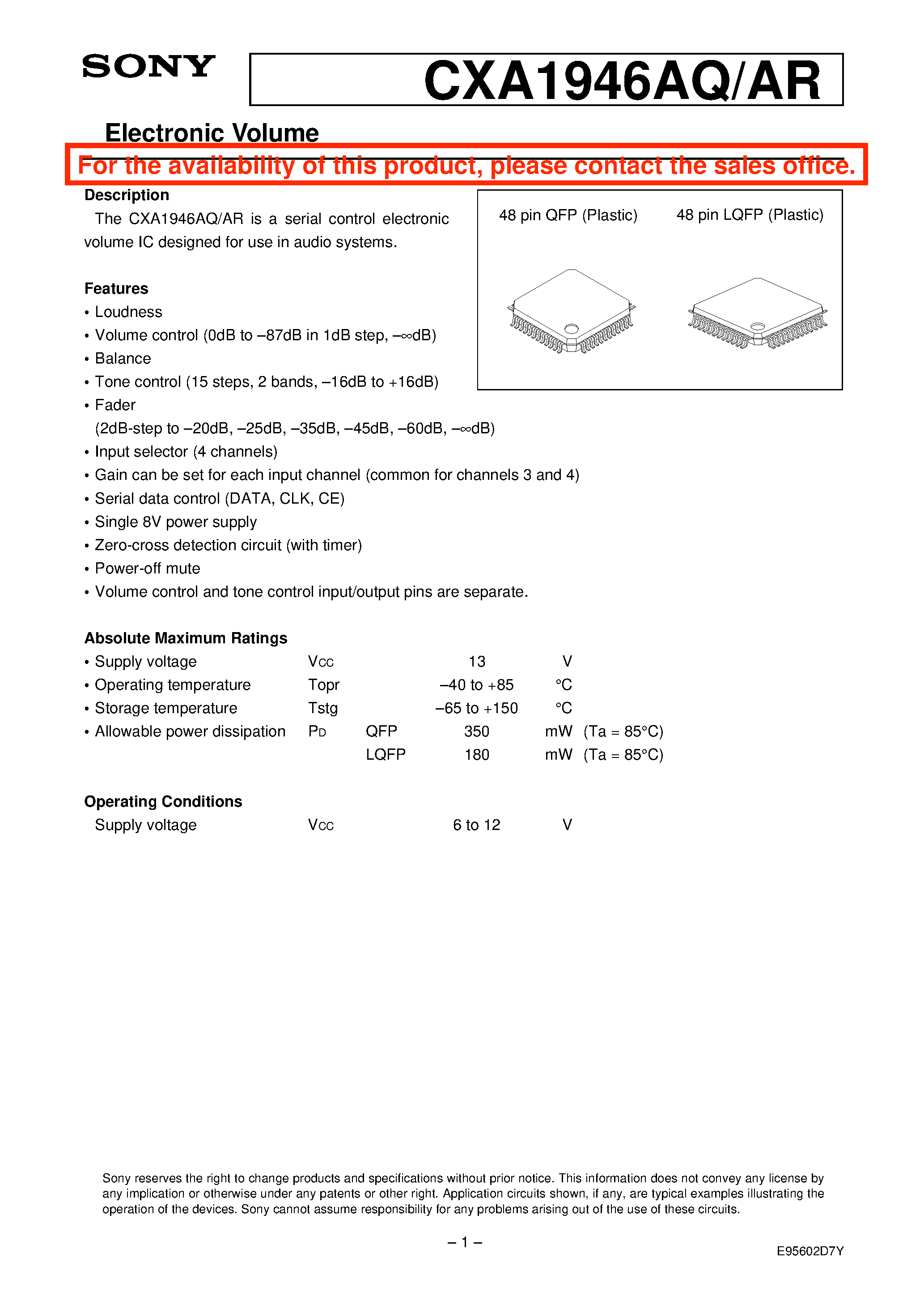 Datasheet CXA1946 - Electronic Volume page 1