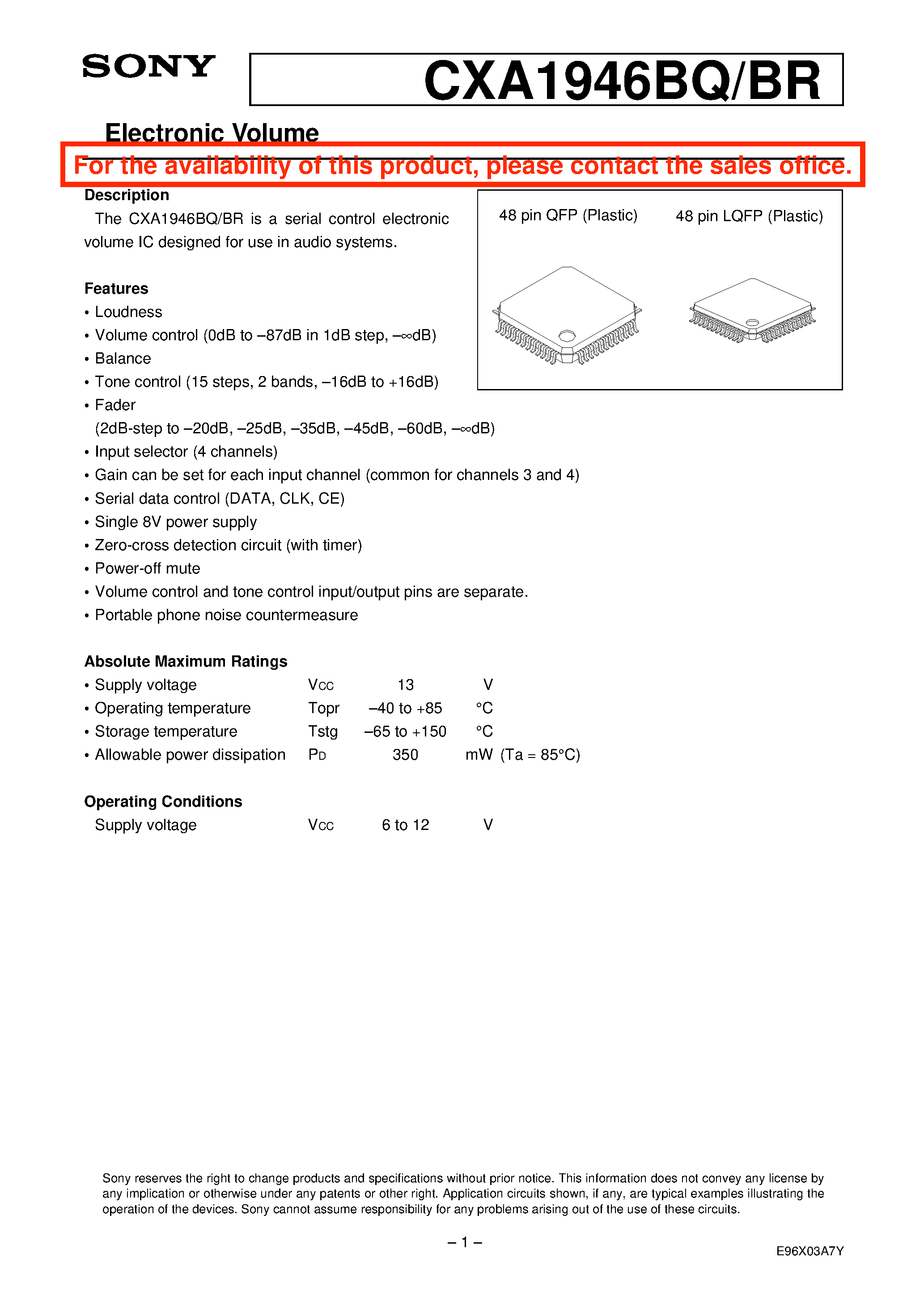 Datasheet CXA1946BQ - Electronic Volume page 1