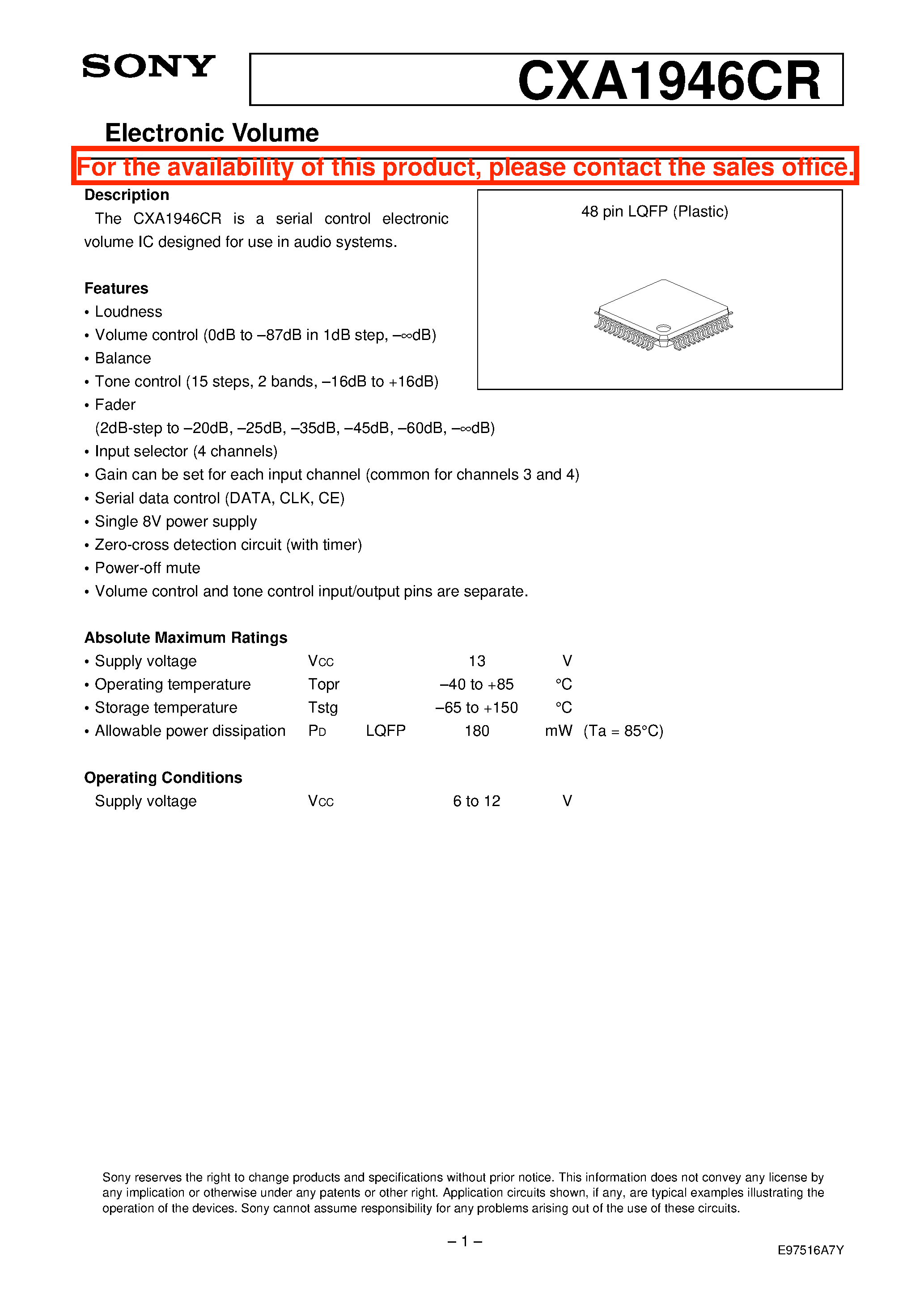 Datasheet CXA1946CR - Electronic Volume page 1