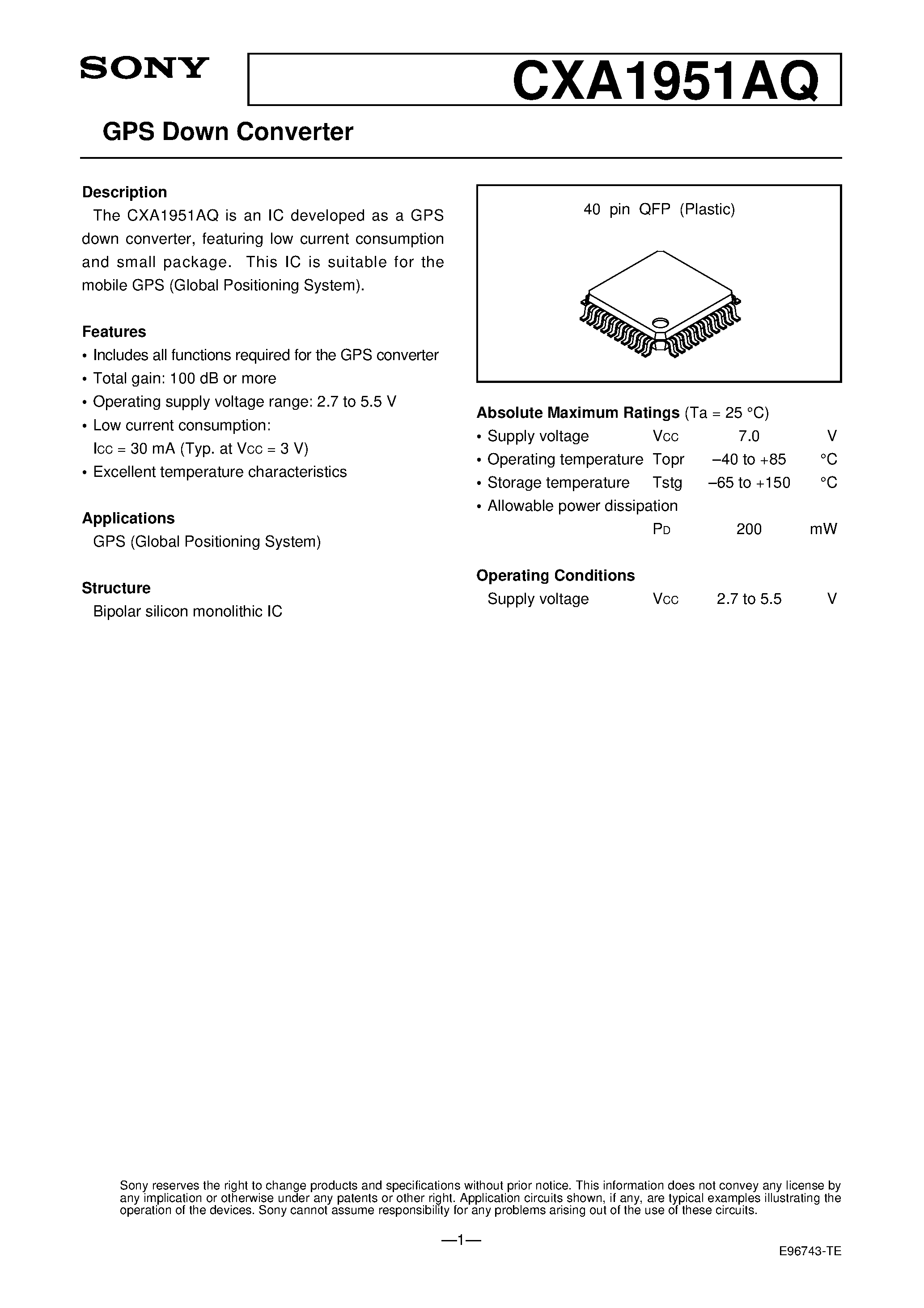 Datasheet CXA1951AQ - GPS Down Converter page 1