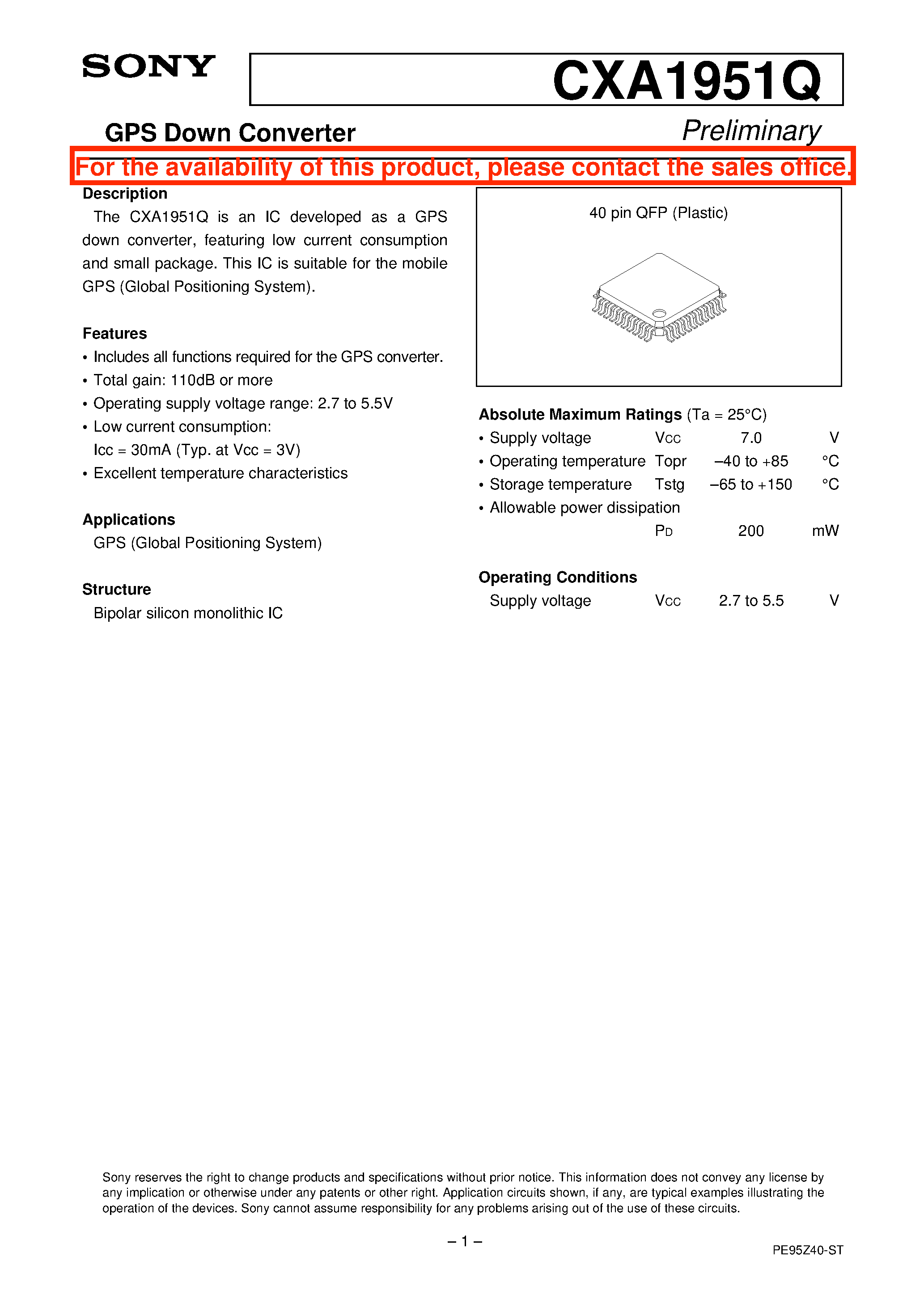 Datasheet CXA1951Q - GPS Down Converter page 1