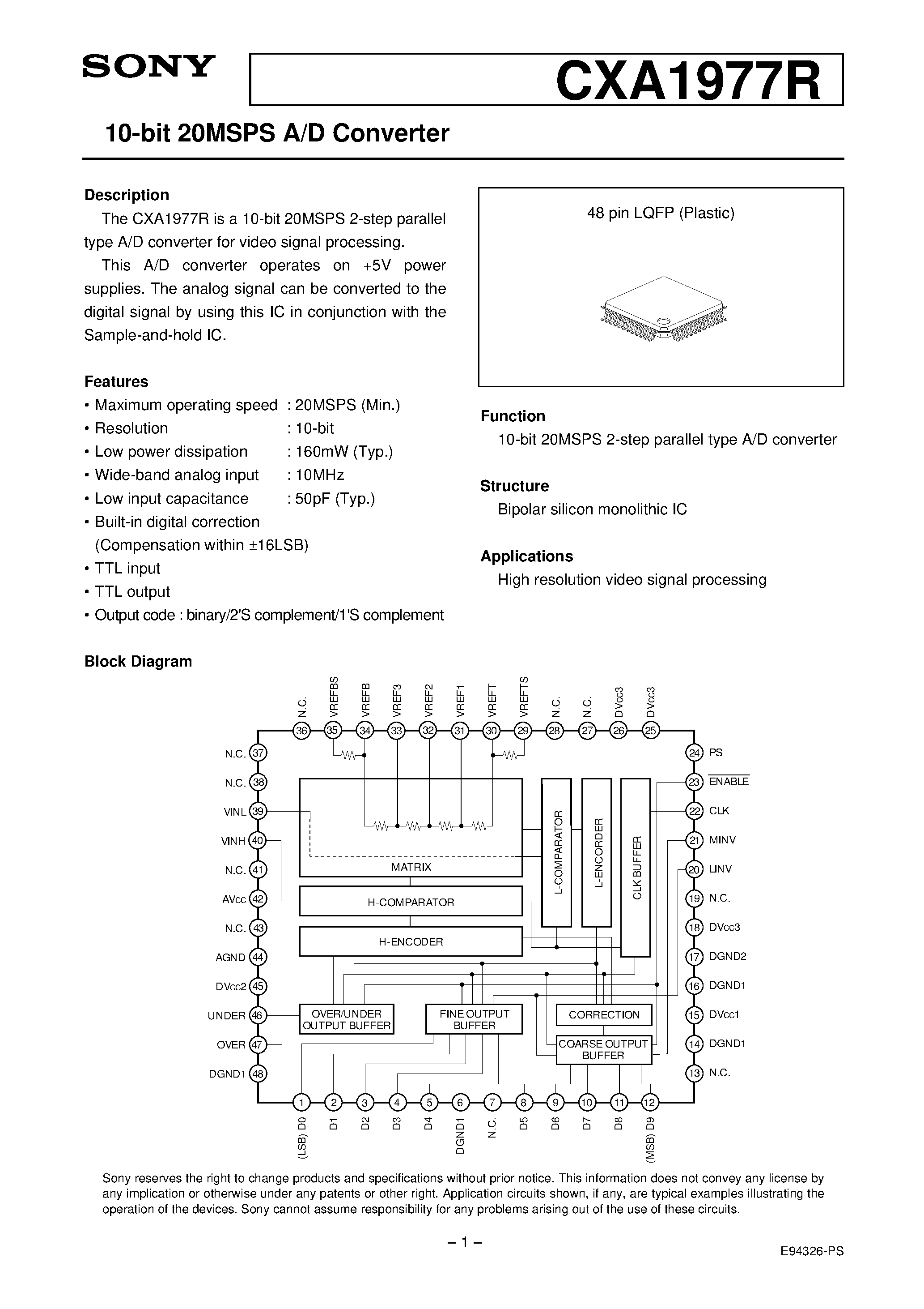 Datasheet CXA1977R - 10-bit 20MSPS A/D Converter page 1