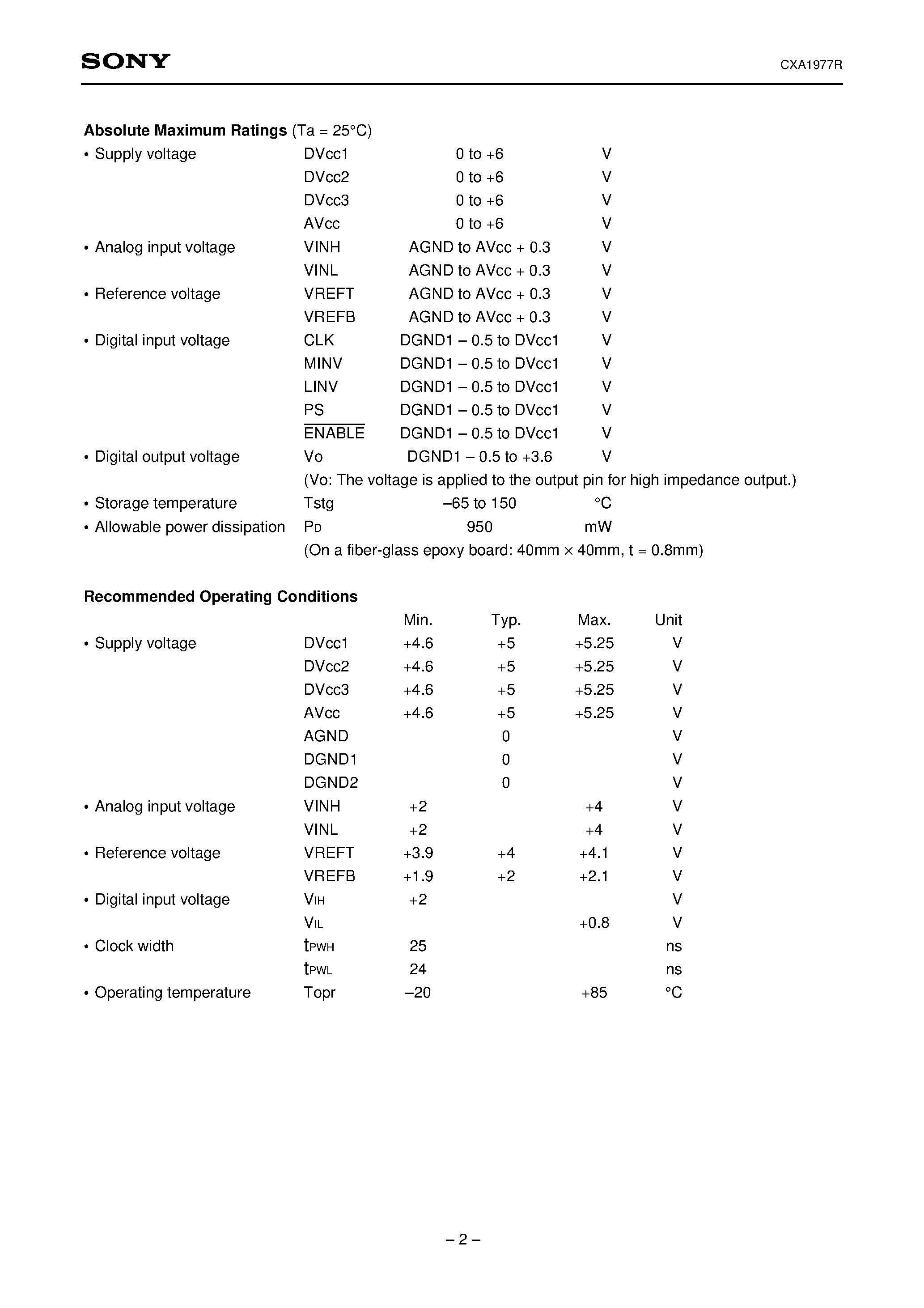 Datasheet CXA1977R - 10-bit 20MSPS A/D Converter page 2