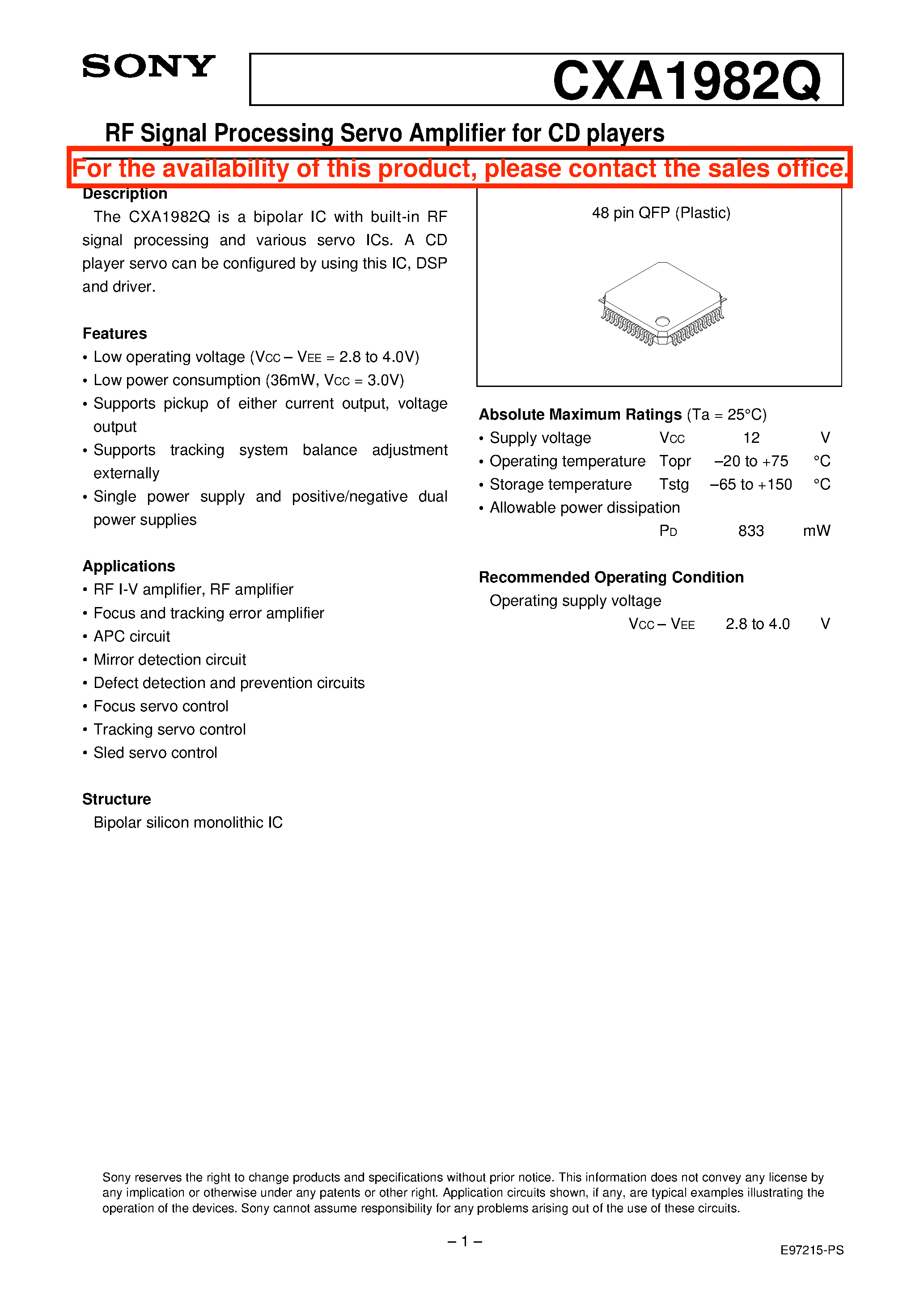 Datasheet CXA1982Q - RF Signal Processing Servo Amplifier for CD players page 1