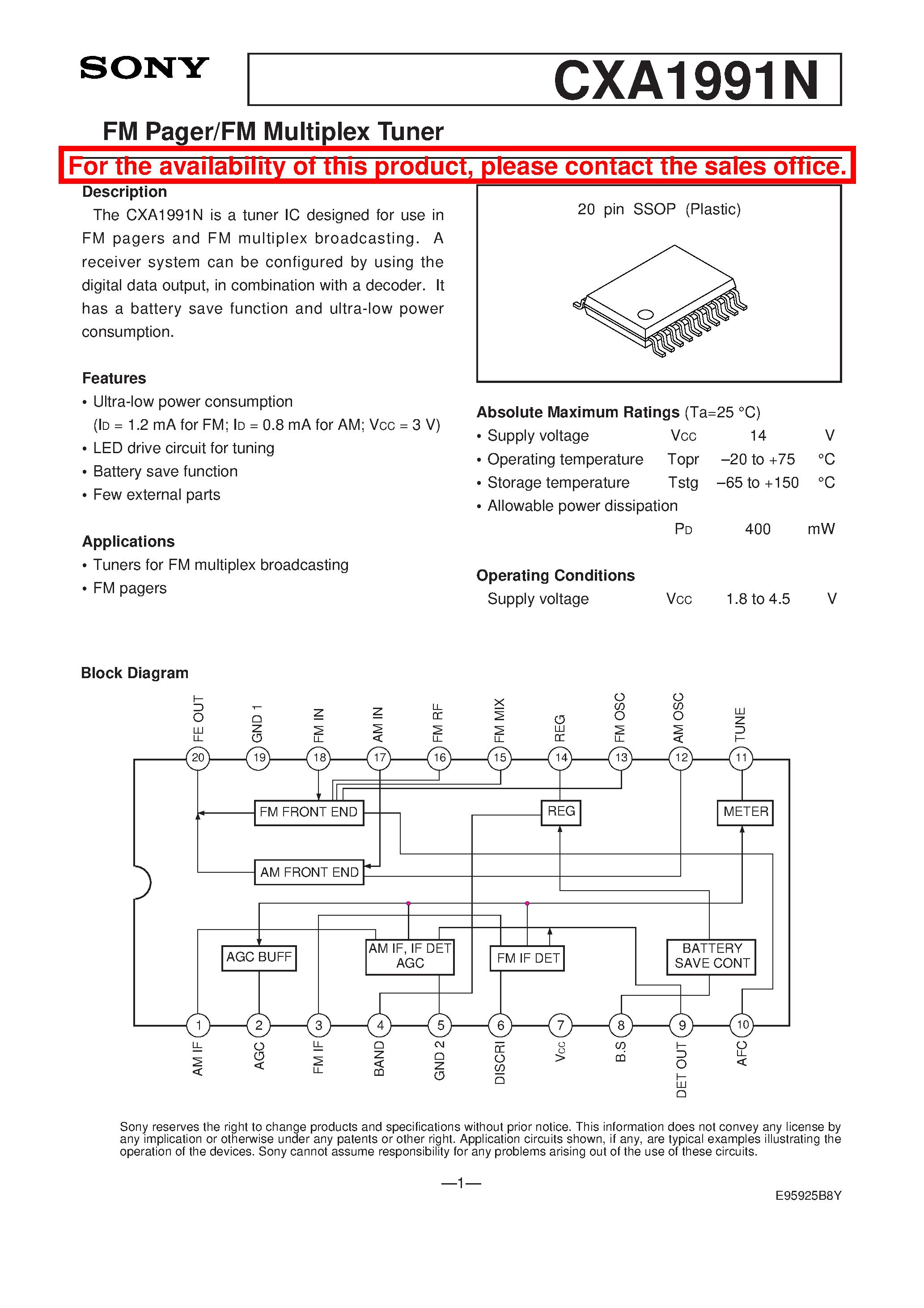 Datasheet CXA1991 - FM Pager/FM Multiplex Tuner page 1