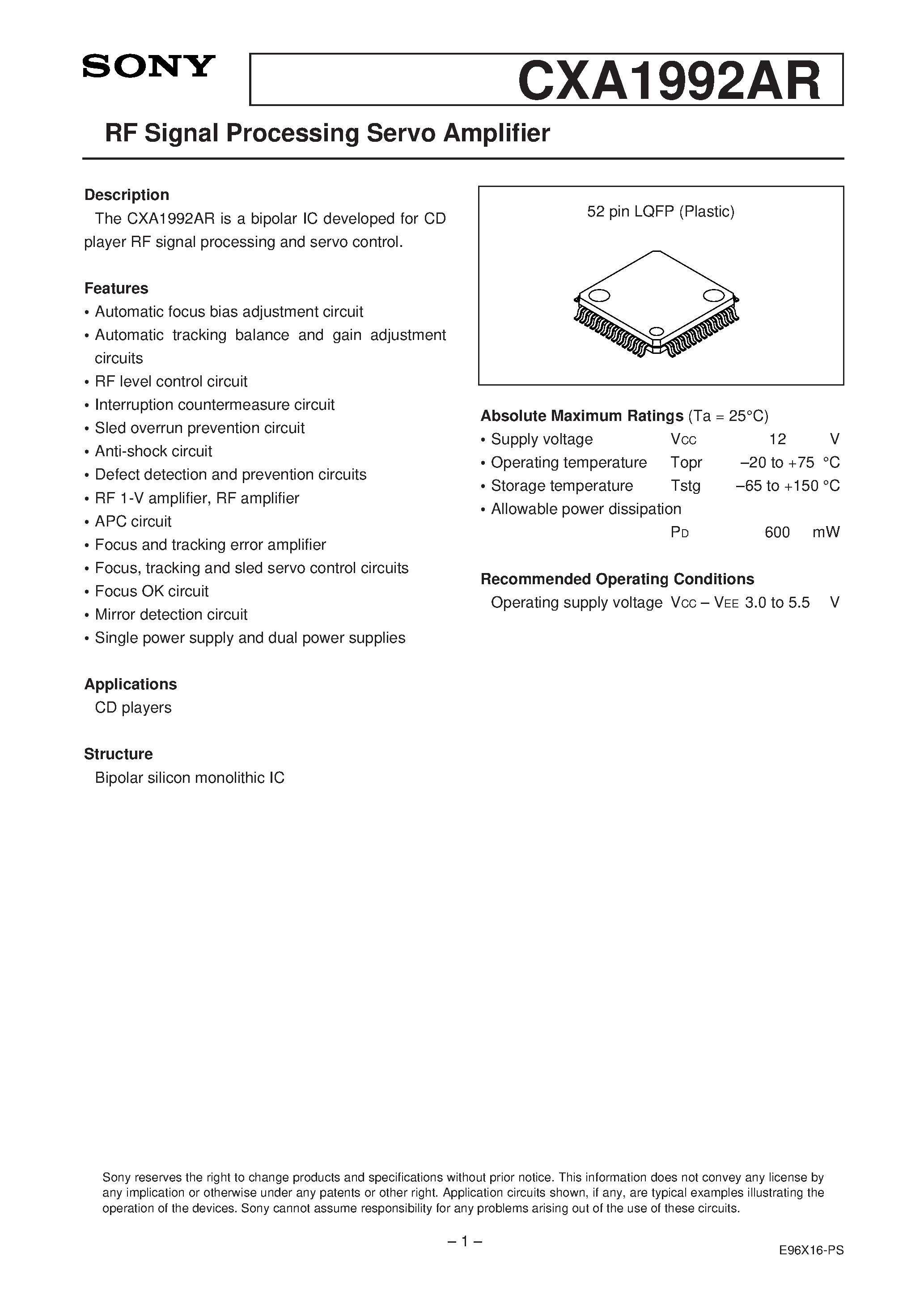 Datasheet CXA1992 - RF Signal Processing Servo Amplifier page 1