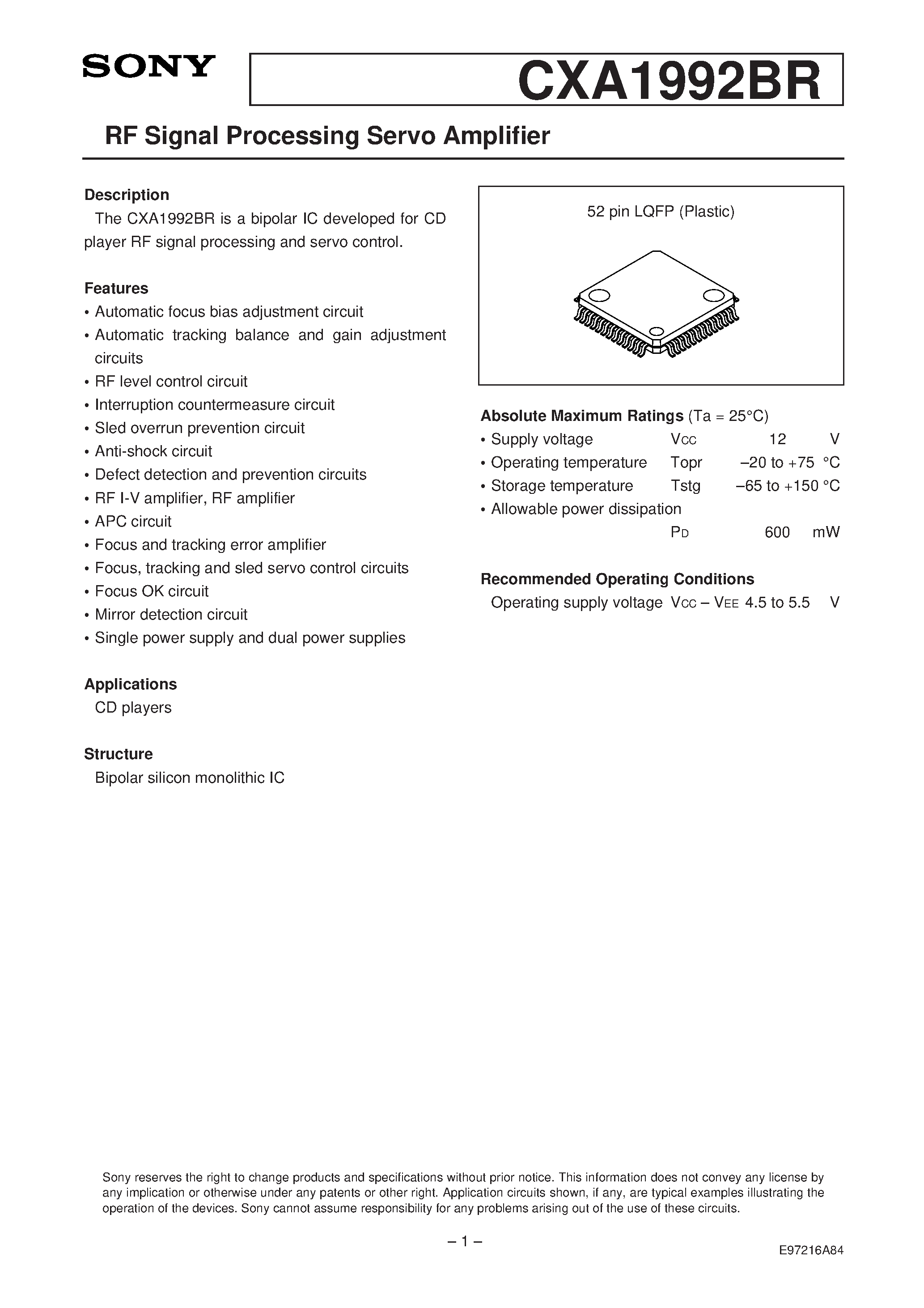 Datasheet CXA1992BR - RF Signal Processing Servo Amplifier page 1