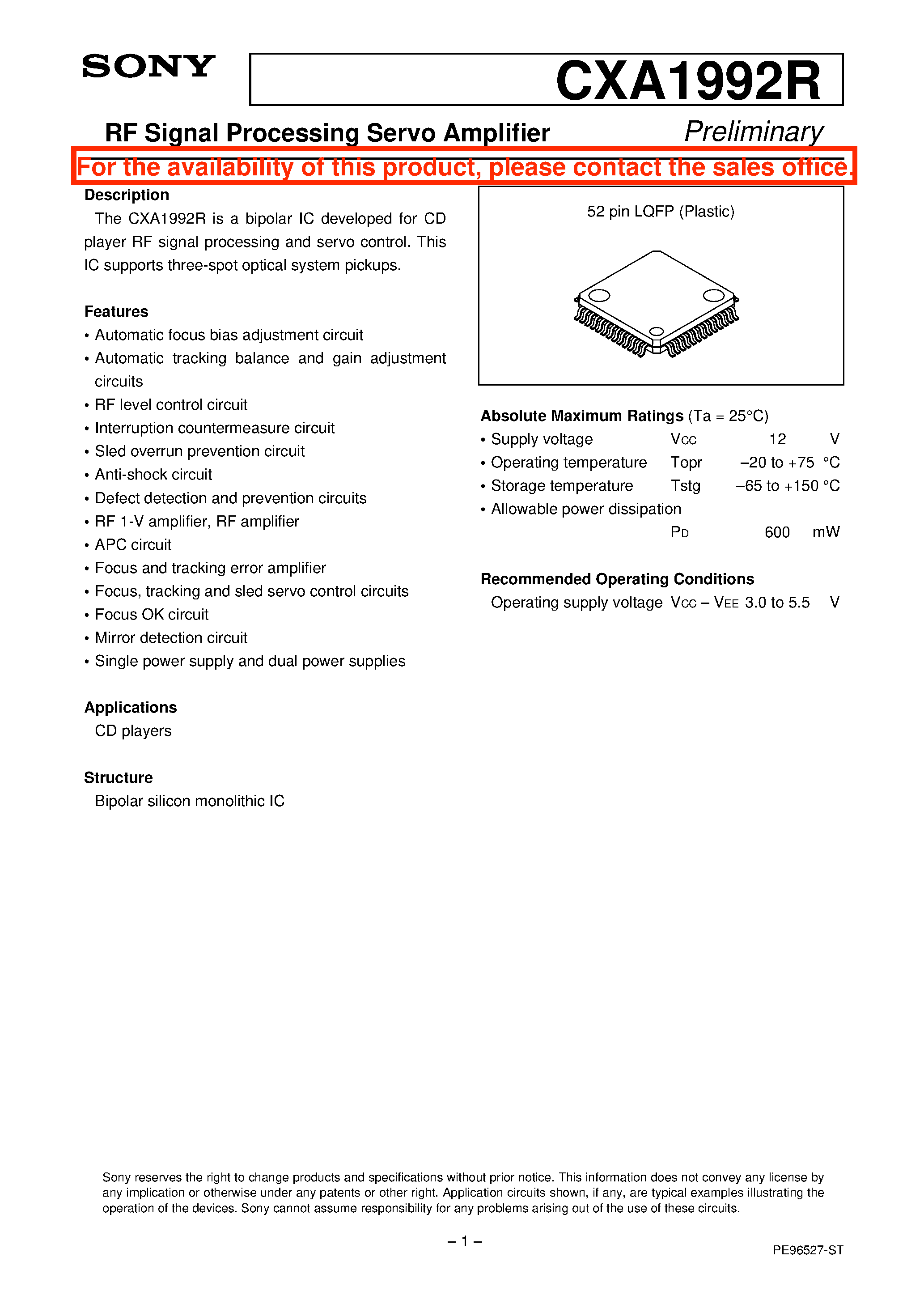 Datasheet CXA1992R - RF Signal Processing Servo Amplifier page 1