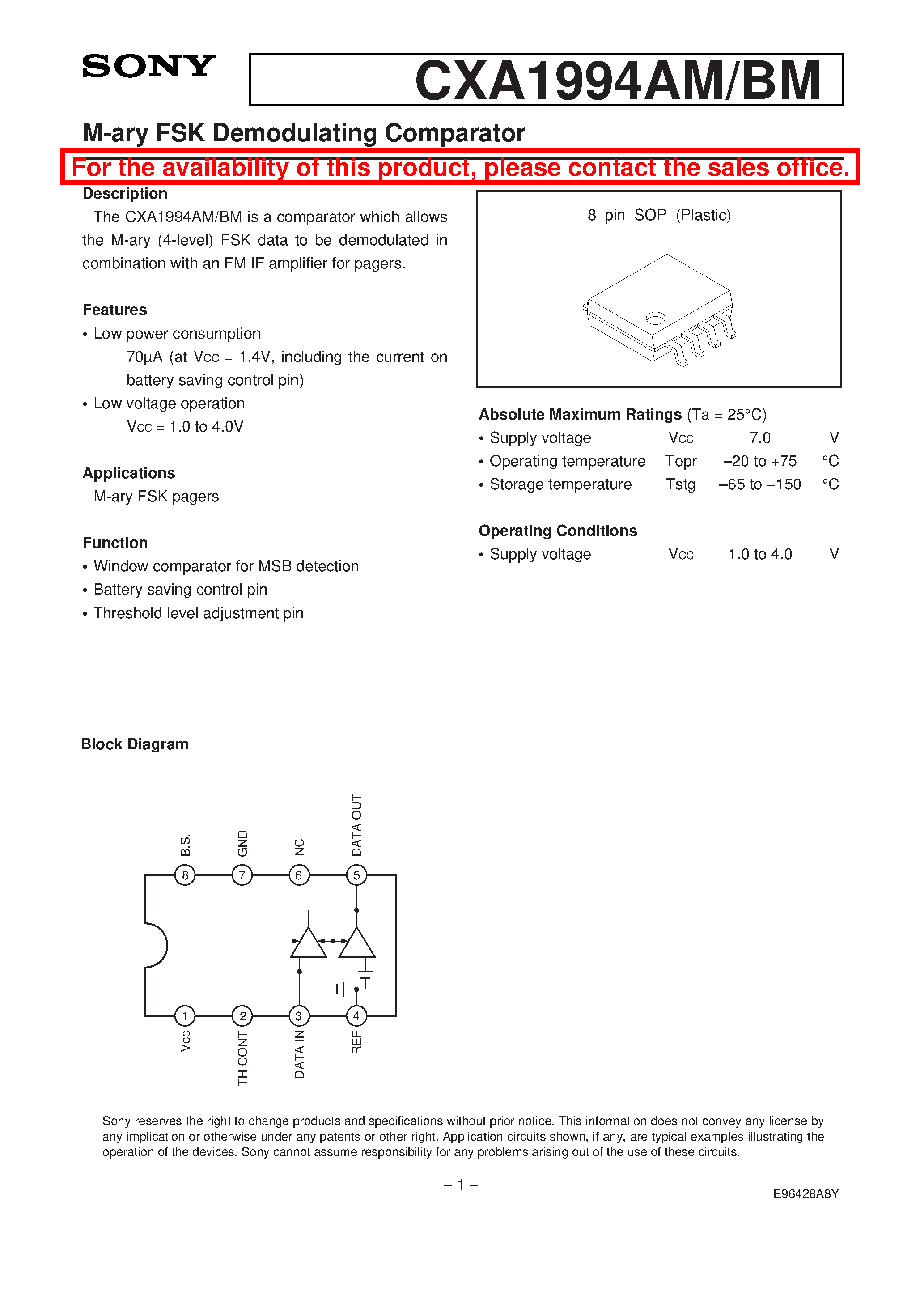 Datasheet CXA1994 - M-ary FSK Demodulating Comparator page 1