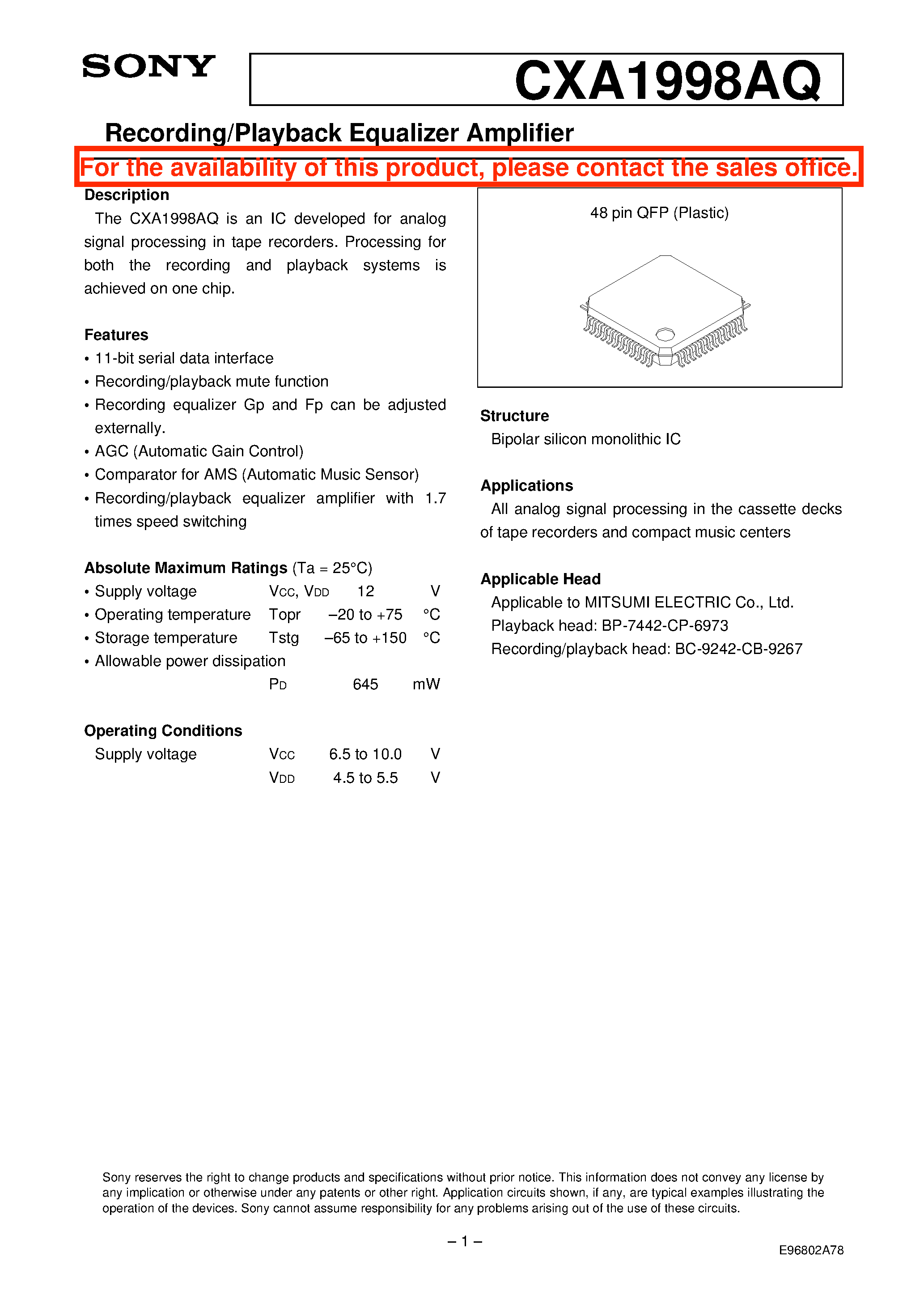 Datasheet CXA1998 - Recording/Playback Equalizer Amplifier page 1