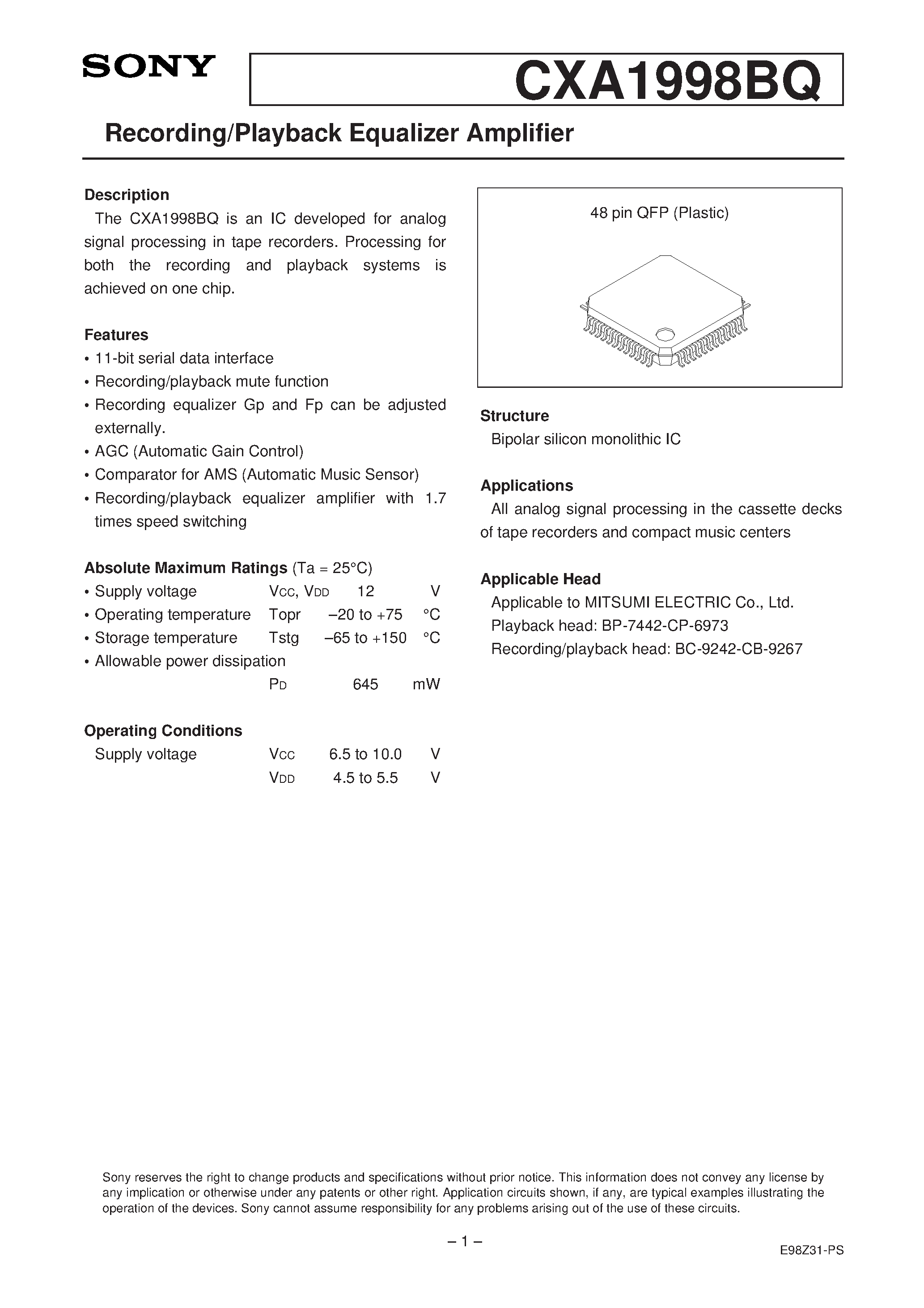 Datasheet CXA1998BQ - Recording/Playback Equalizer Amplifier page 1