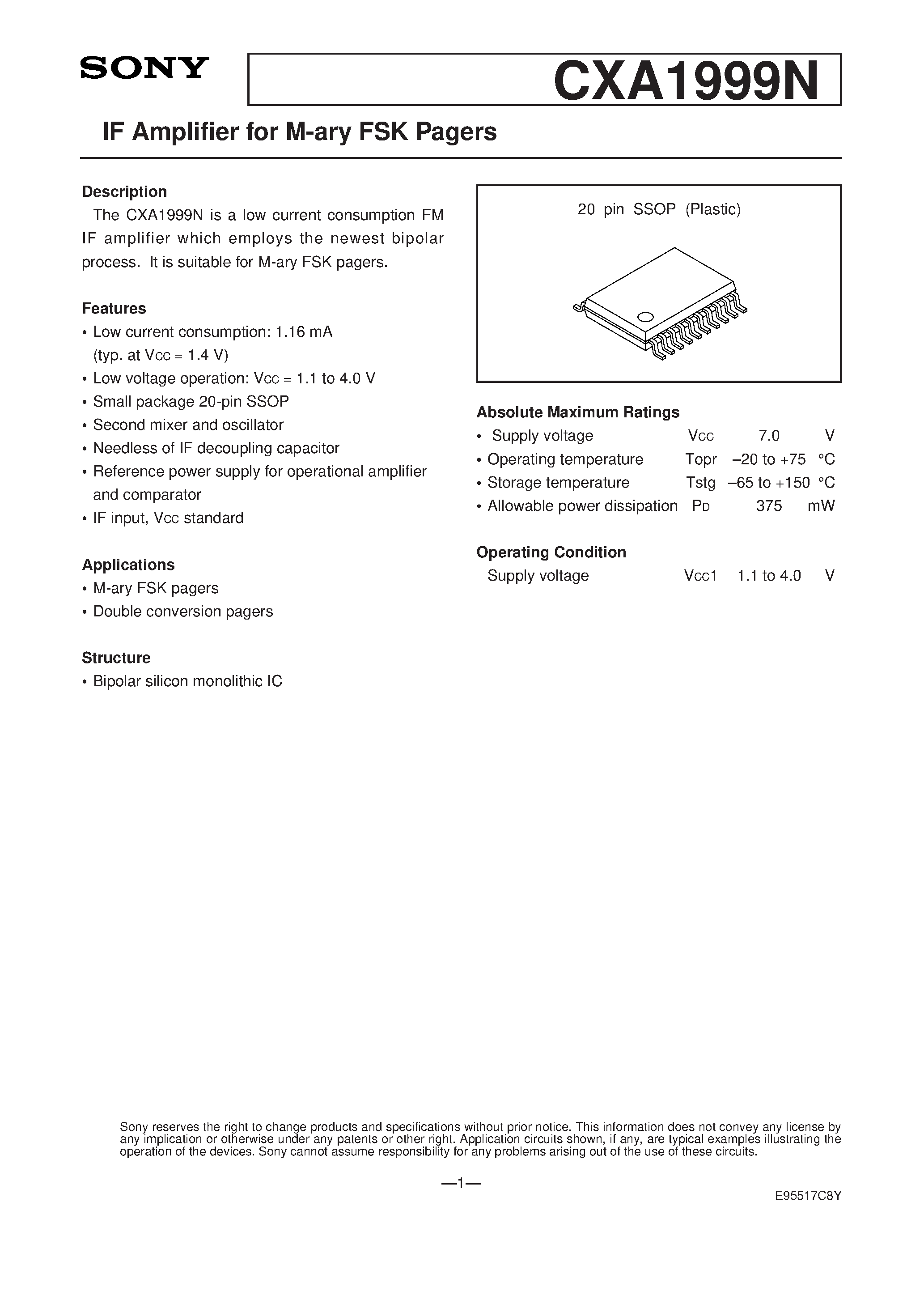 Datasheet CXA1999 - IF Amplifier for M-ary FSK Pagers page 1